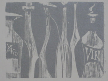<i>Vin</i>, Wine Bottle Still Life <br>1960-70s Woodcut <br><br>#2186
