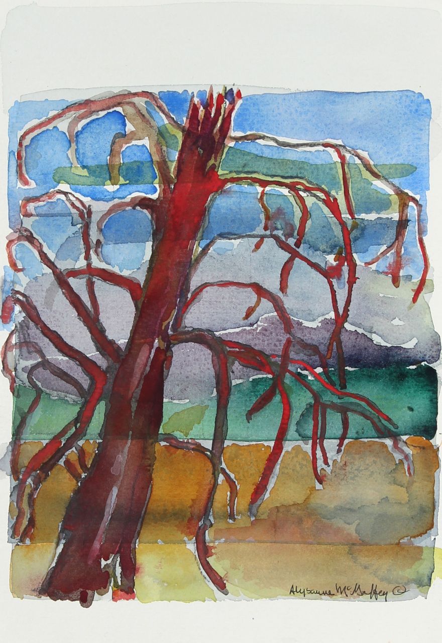 Abstracted Red Tree &lt;br&gt;Late 20th Century Watercolor&lt;br&gt;&lt;br&gt;#22485