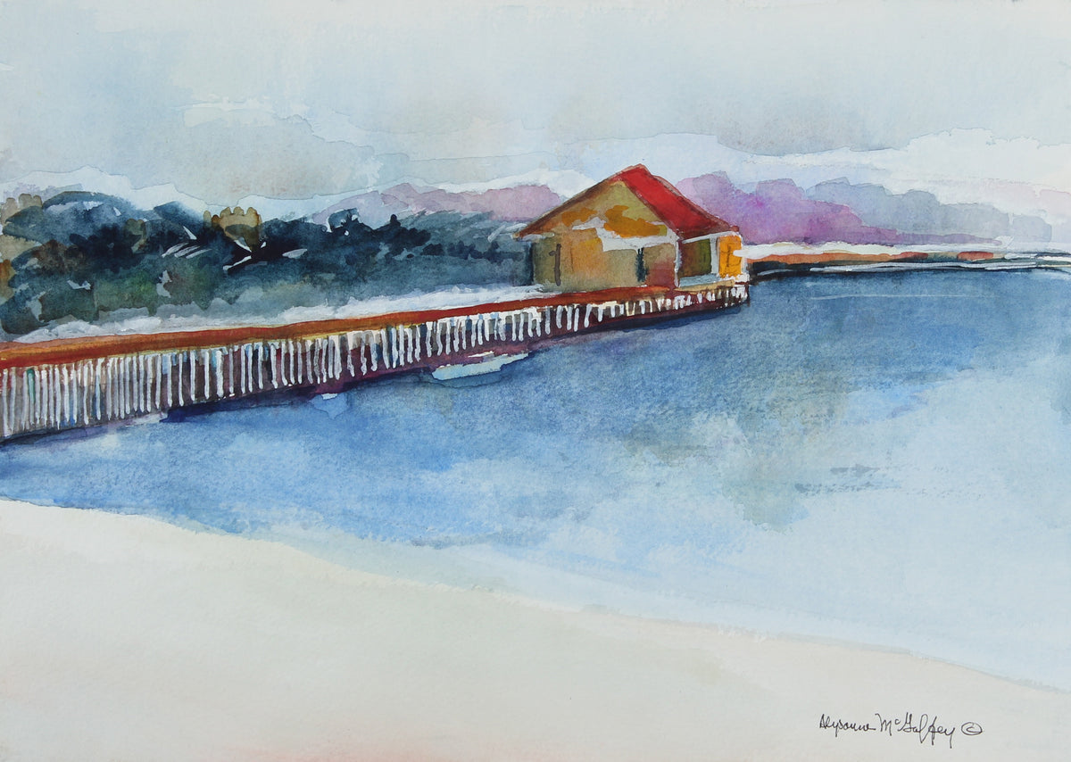 Dock &amp; Boathouse Lake Scene &lt;br&gt;20th Century Watercolor &lt;br&gt;&lt;br&gt;#22499