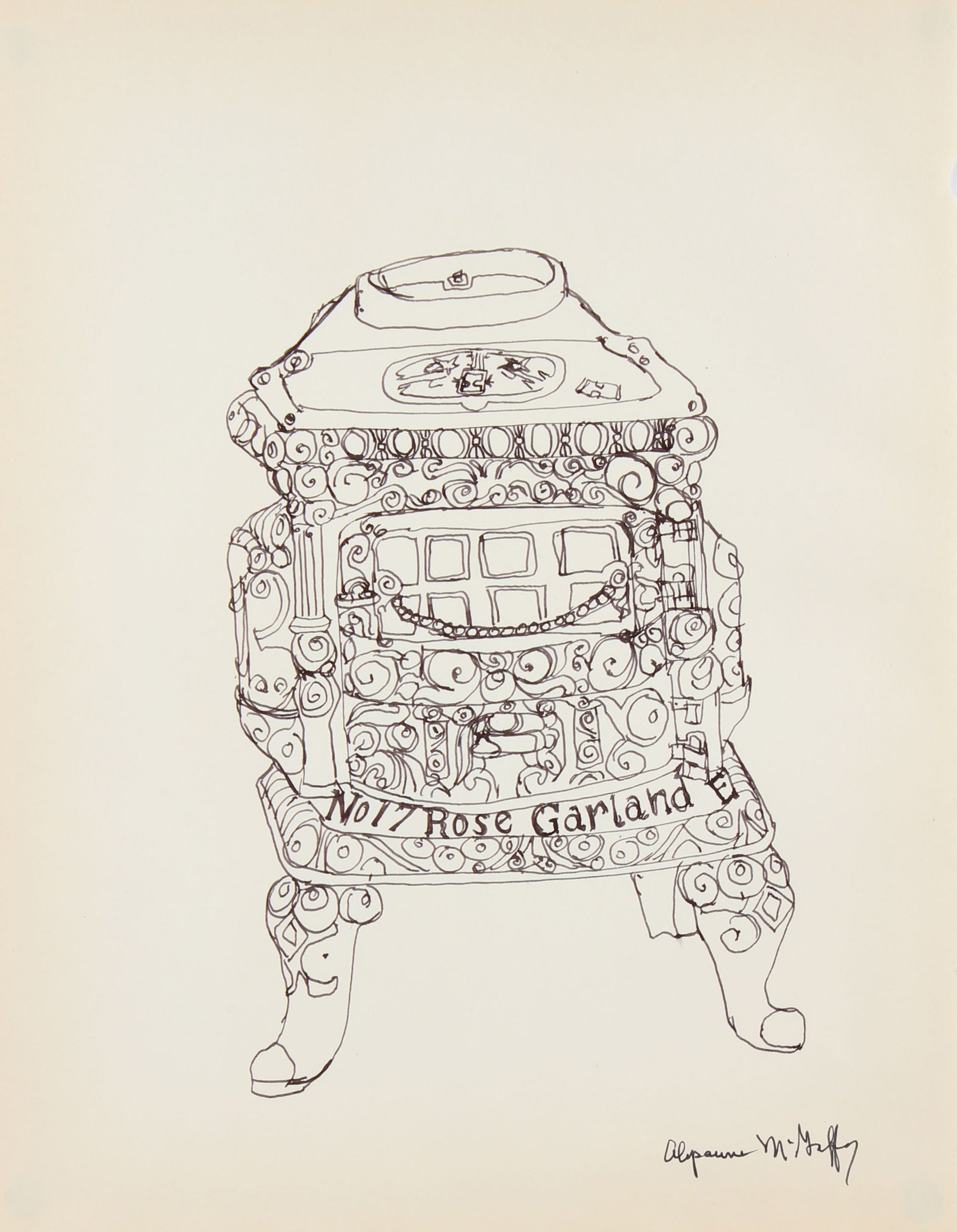 Rose Garland Vintage Cash Register <br>1950-60s Ink Drawing <br><br>#22955