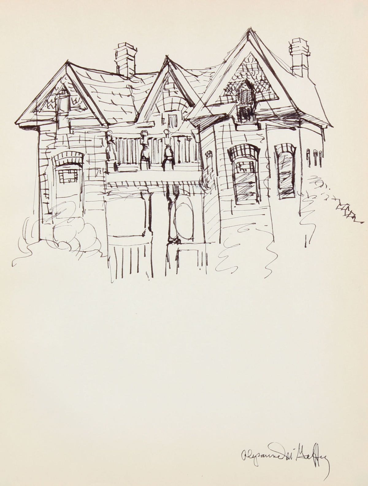 Vintage Victorian-Gothic House <br>1950-60s Ink Drawing <br><br>#22958