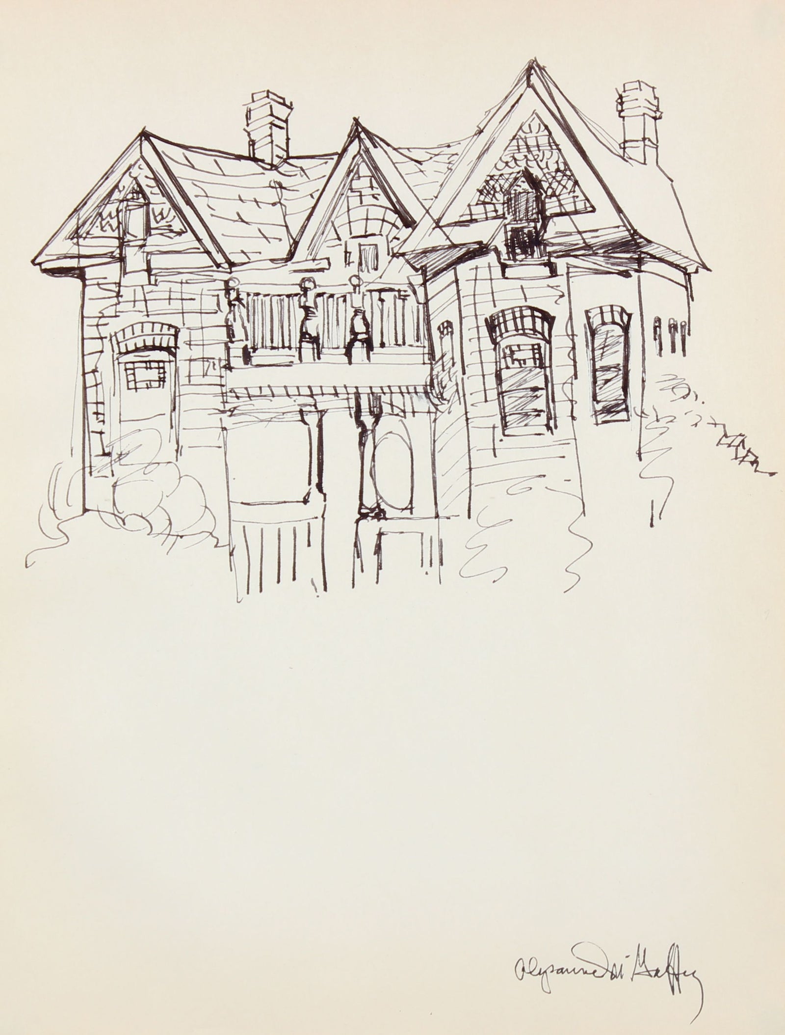 Vintage Victorian-Gothic House <br>1950-60s Ink Drawing <br><br>#22958