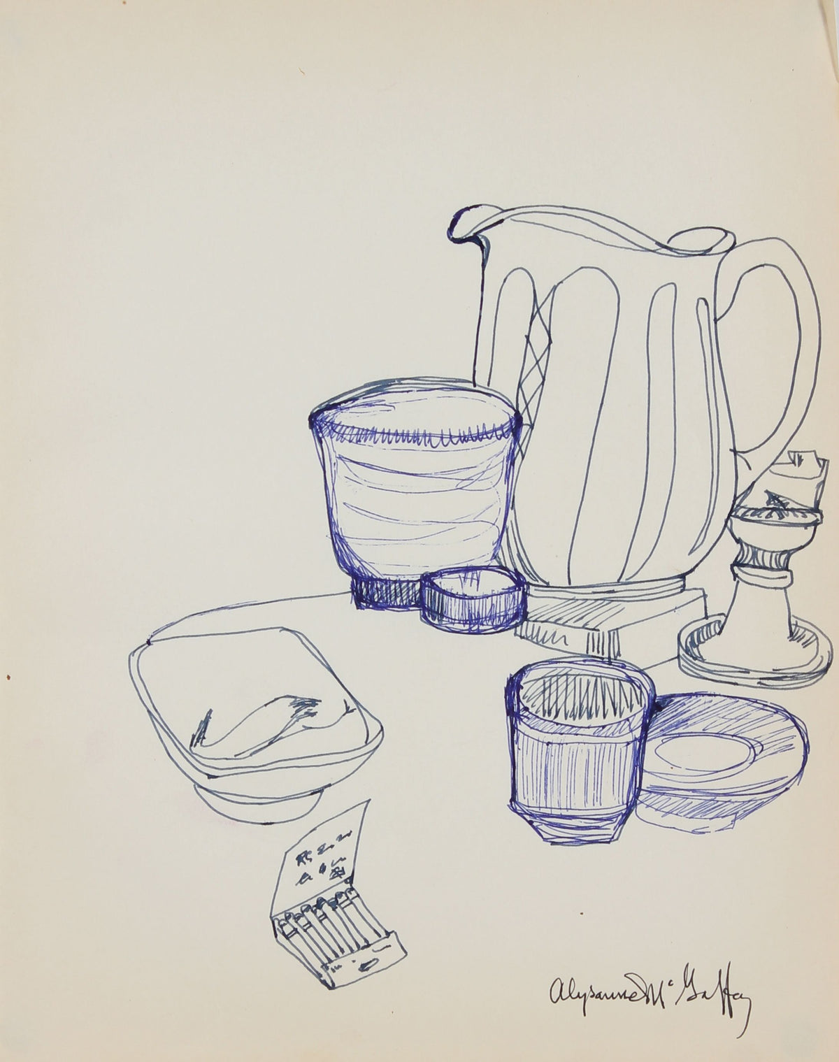 Blue Still Life Drawing&lt;br&gt;1950-60s Ink&lt;br&gt;&lt;br&gt;#22968