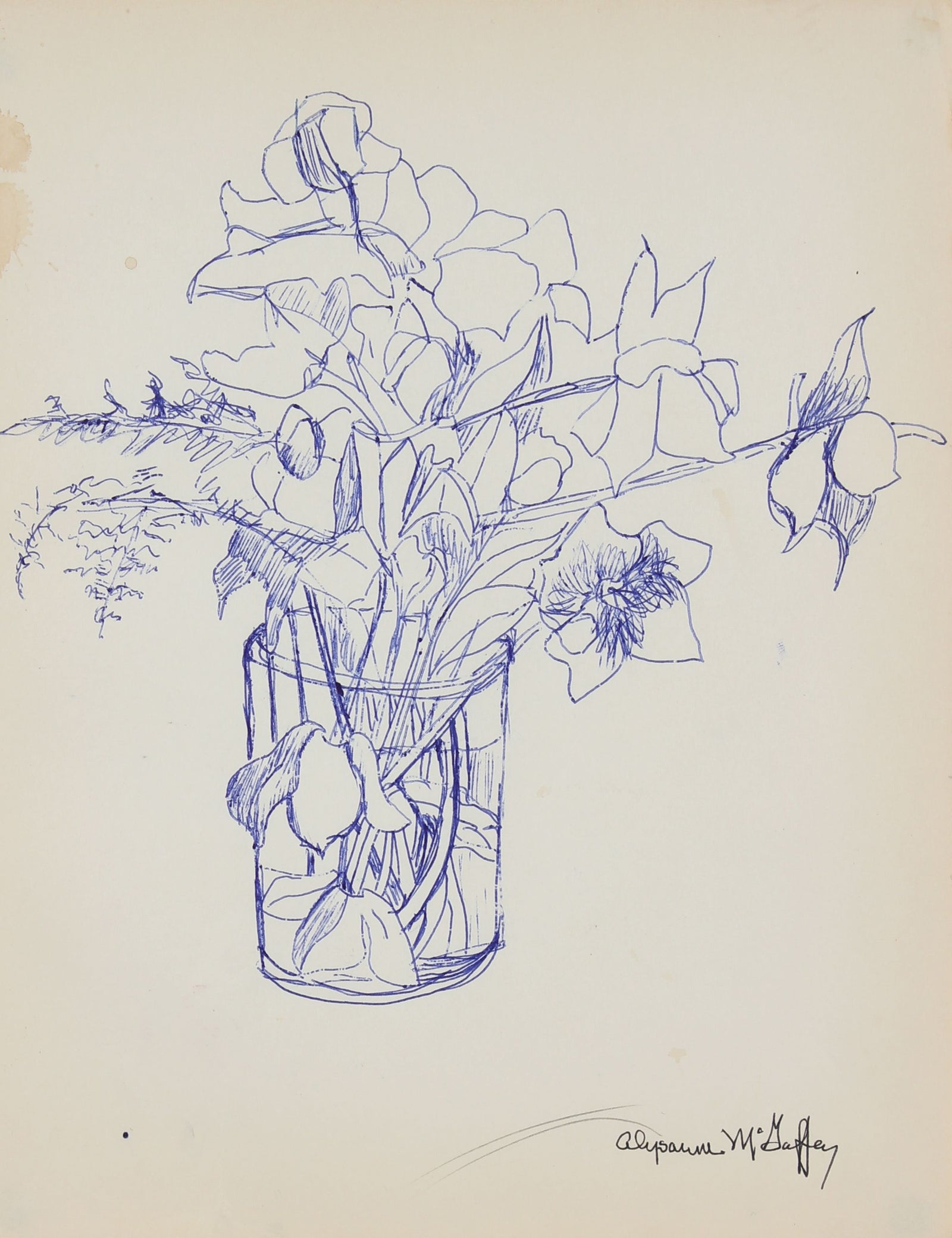Flowers in a Vase Drawing<br>1950-60s Ink<br><br>#22969