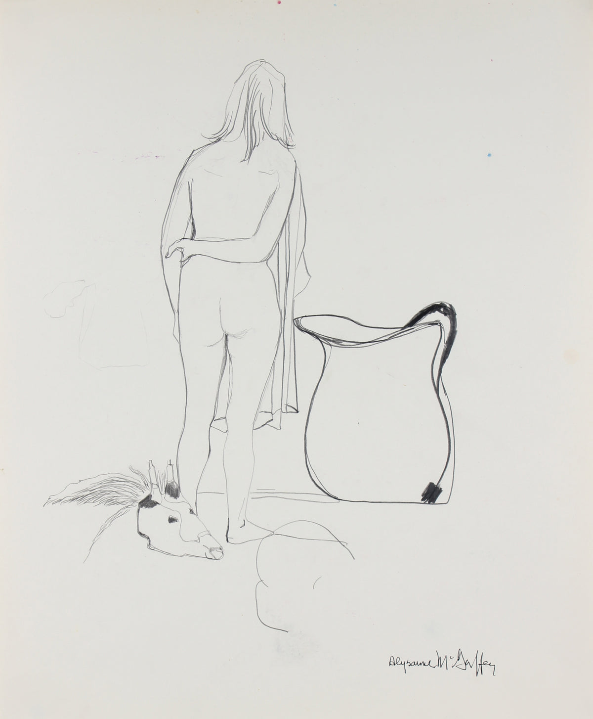 Nude Figure with Skull <br>1950-60s Charcoal & Graphite<br><br>#23388