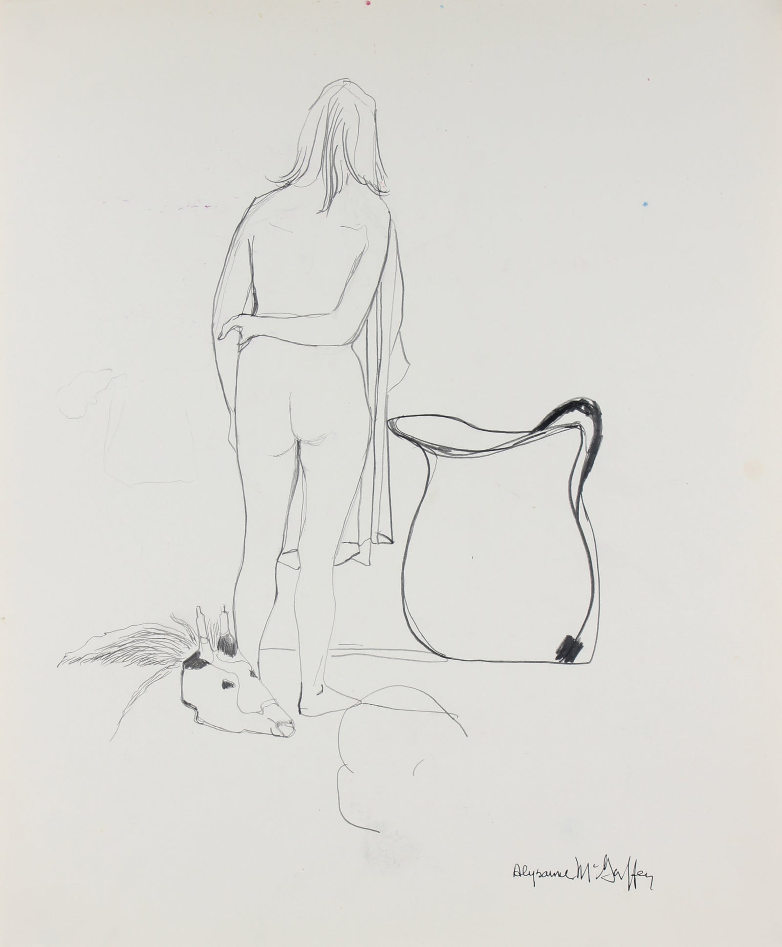 Nude Figure with Skull <br>1950-60s Charcoal & Graphite<br><br>#23388