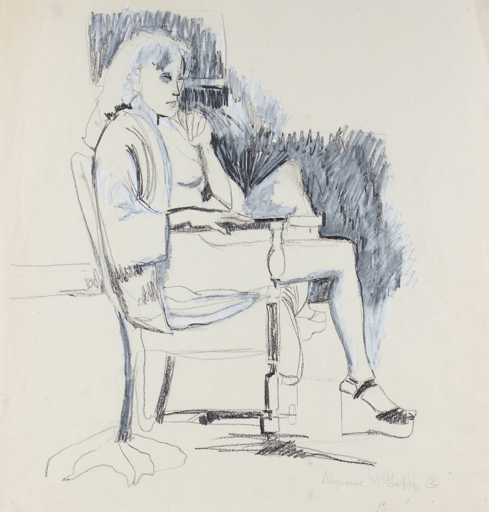 Monochromatic Seated Female Portrait <br>1950-60s Charcoal & Pastel <br><br>#23390