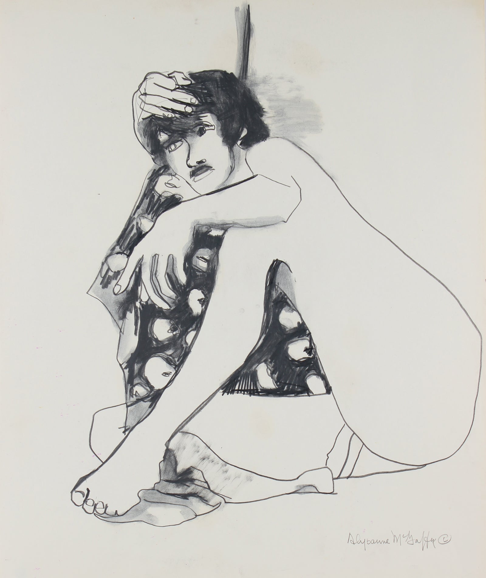 Seated Male Nude <br>1950-60s Charcoal & Graphite <br><br>#23392