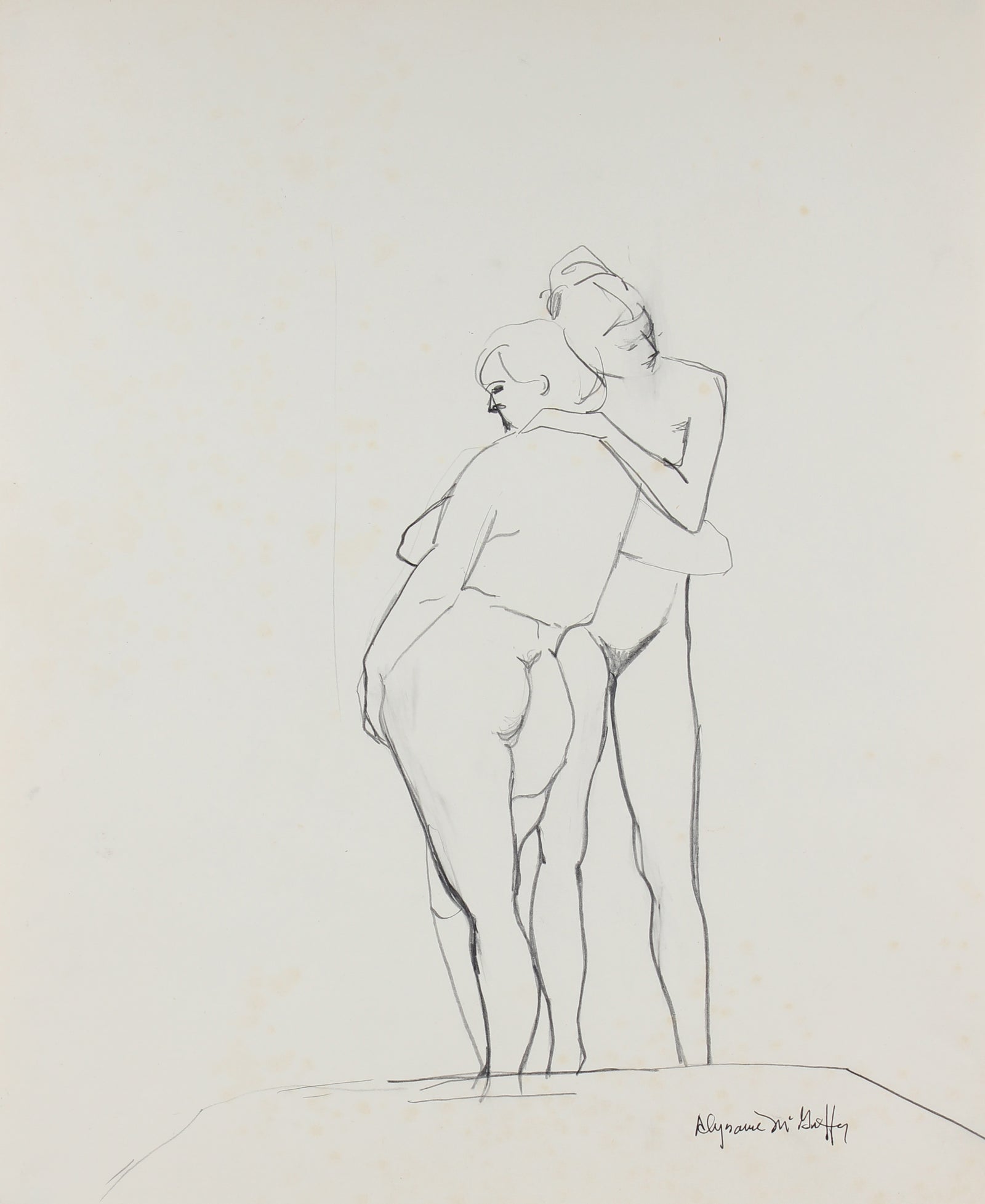 Nude Figures Embracing <br>1950-60s Charcoal & Graphite <br><br>#23393