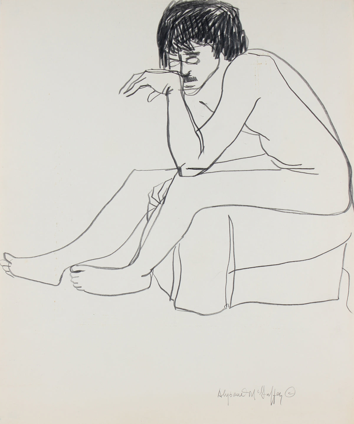 Contemplative Male Nude Figure Drawing &lt;br&gt;1950-60s Charcoal &amp; Graphite &lt;br&gt;&lt;br&gt;#23410