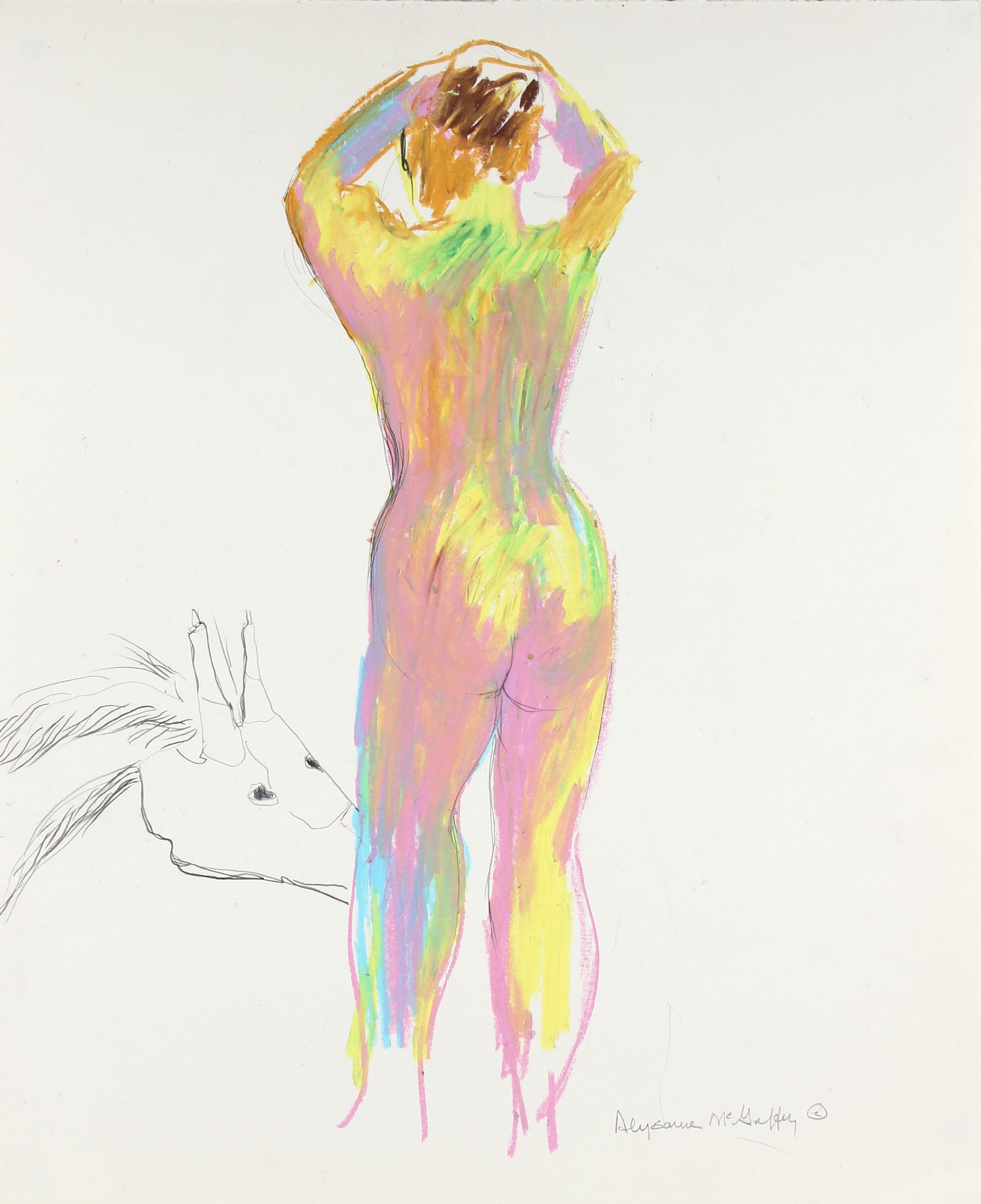Standing Nude with Dragon<br>1950-60s Charcoal & Pastel<br><br>#23422