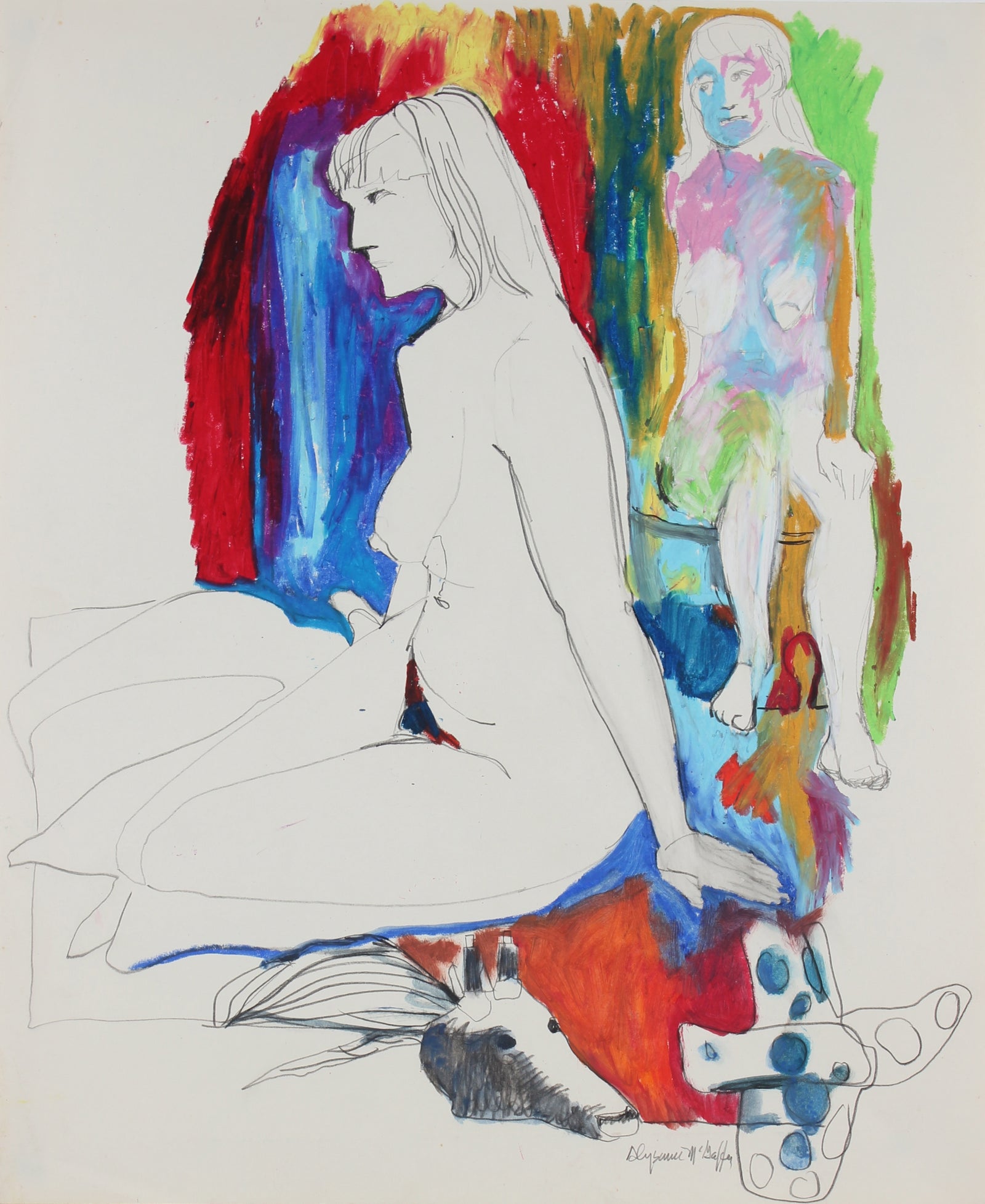 Technicolor Nude Figures <br>1950-60s Distemper, Oil Pastel and Graphite <br><br>#23444