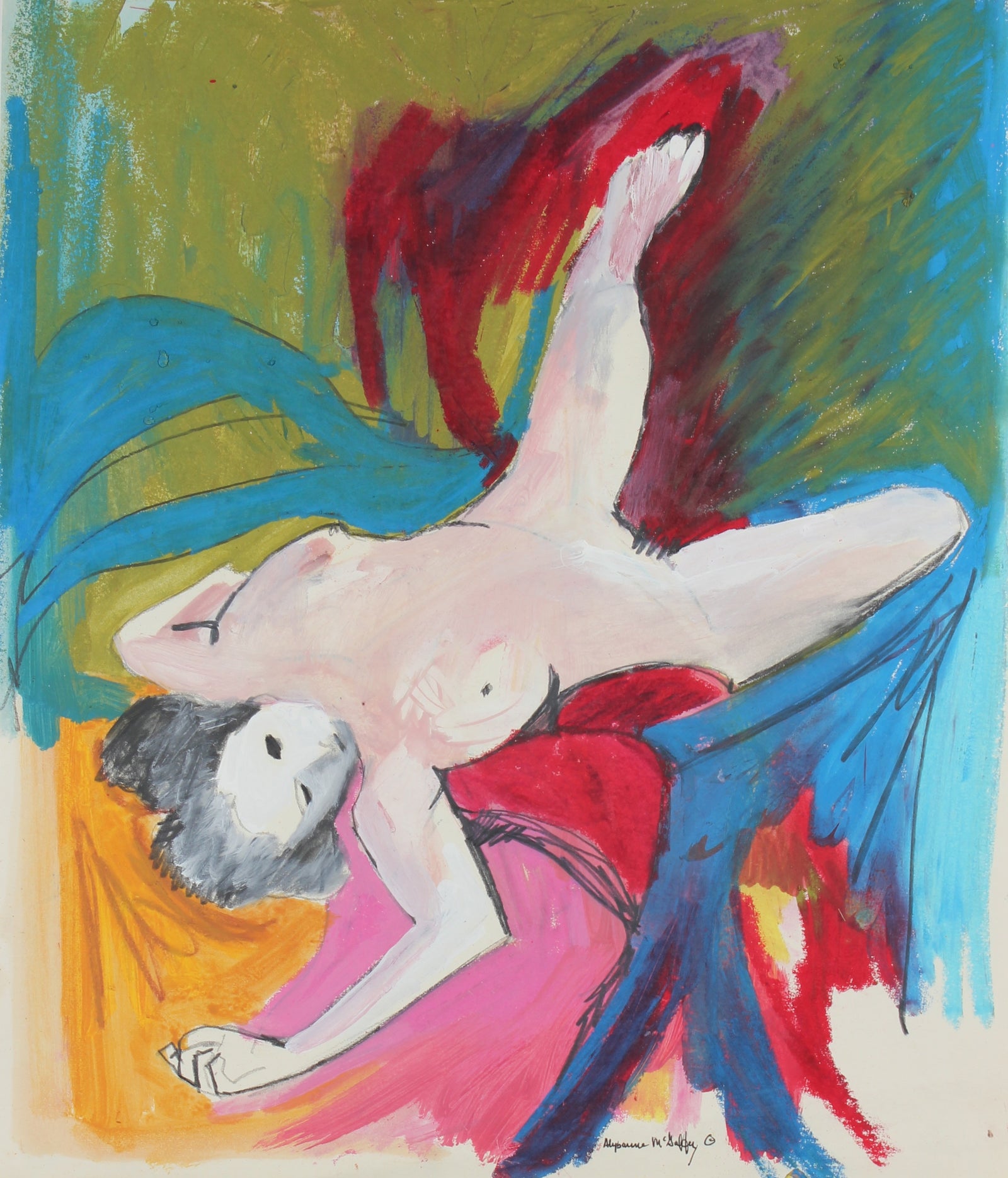 Colorful Nude Figure Painting <br>1950-60s Distemper <br><br>#23447