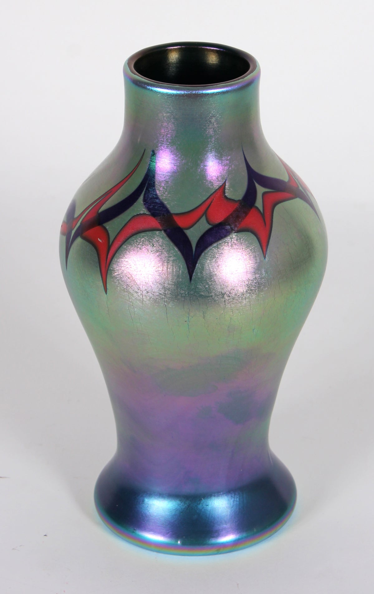Iridescent Hand Blown Glass Vase With Red And Black Graphic Pattern  &lt;br&gt;&lt;br&gt;#6552