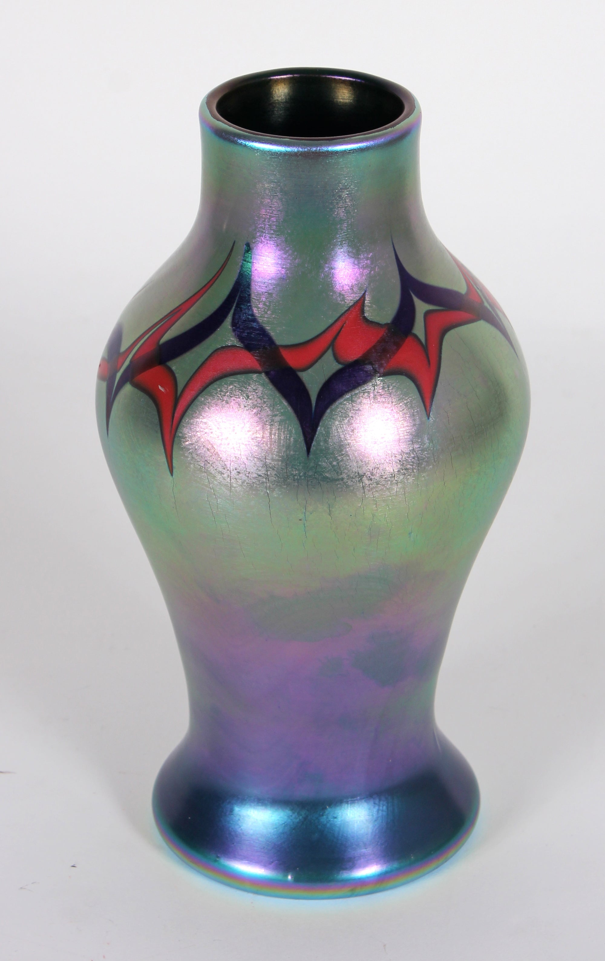Iridescent Hand Blown Glass Vase With Red And Black Graphic Pattern  <br><br>#6552