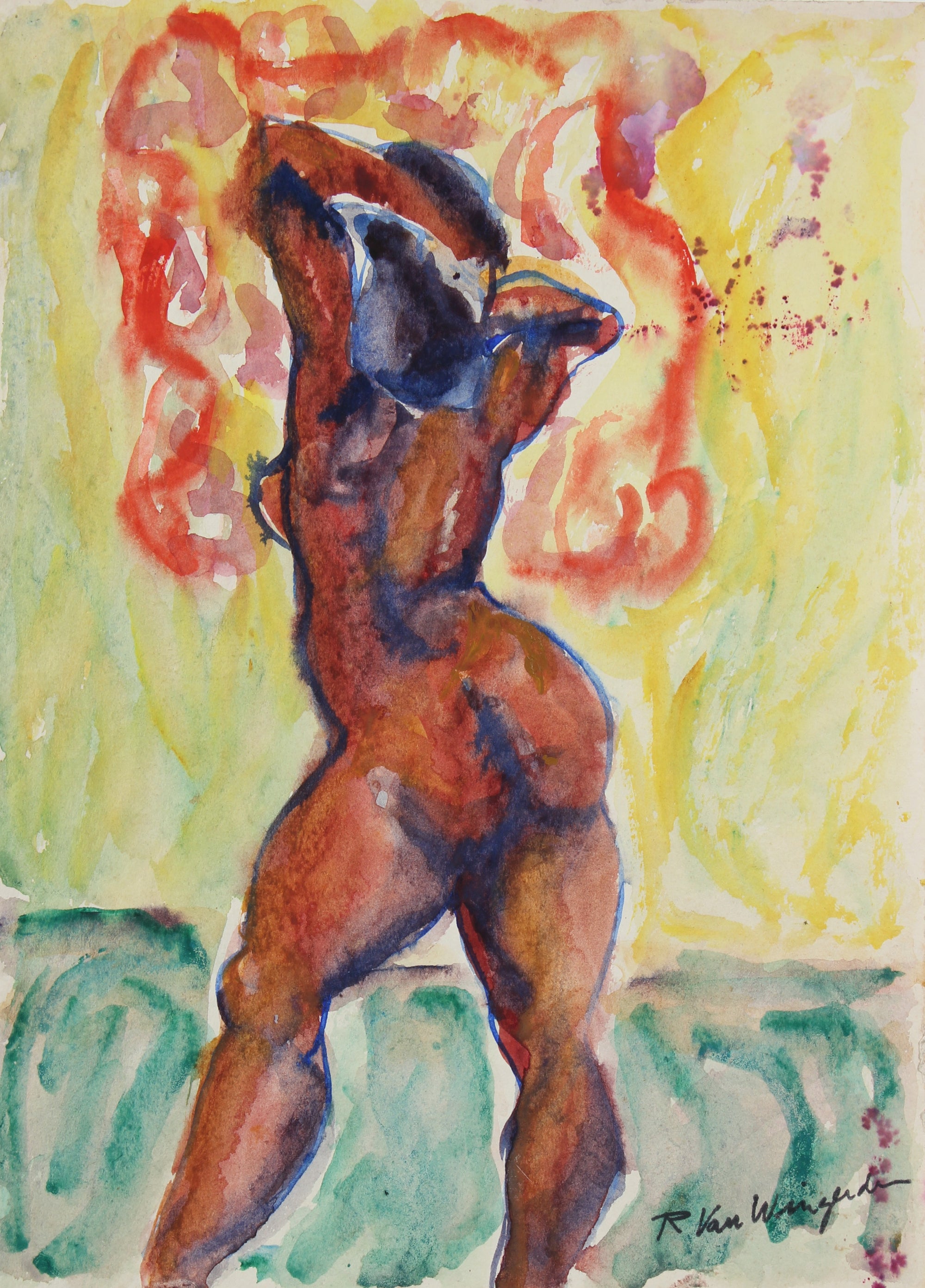 Expressionist Nude Figure<br>1940-60s Watercolor<br><br>#4544