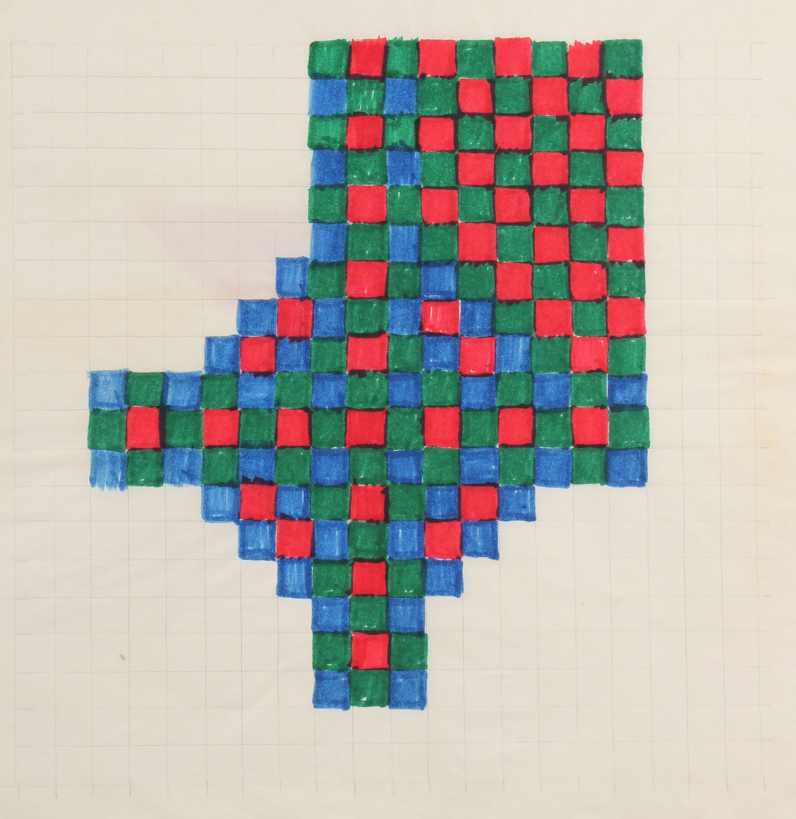 A vintage felt marker geometric drawing on tracing paper with a colorful grid pattern.