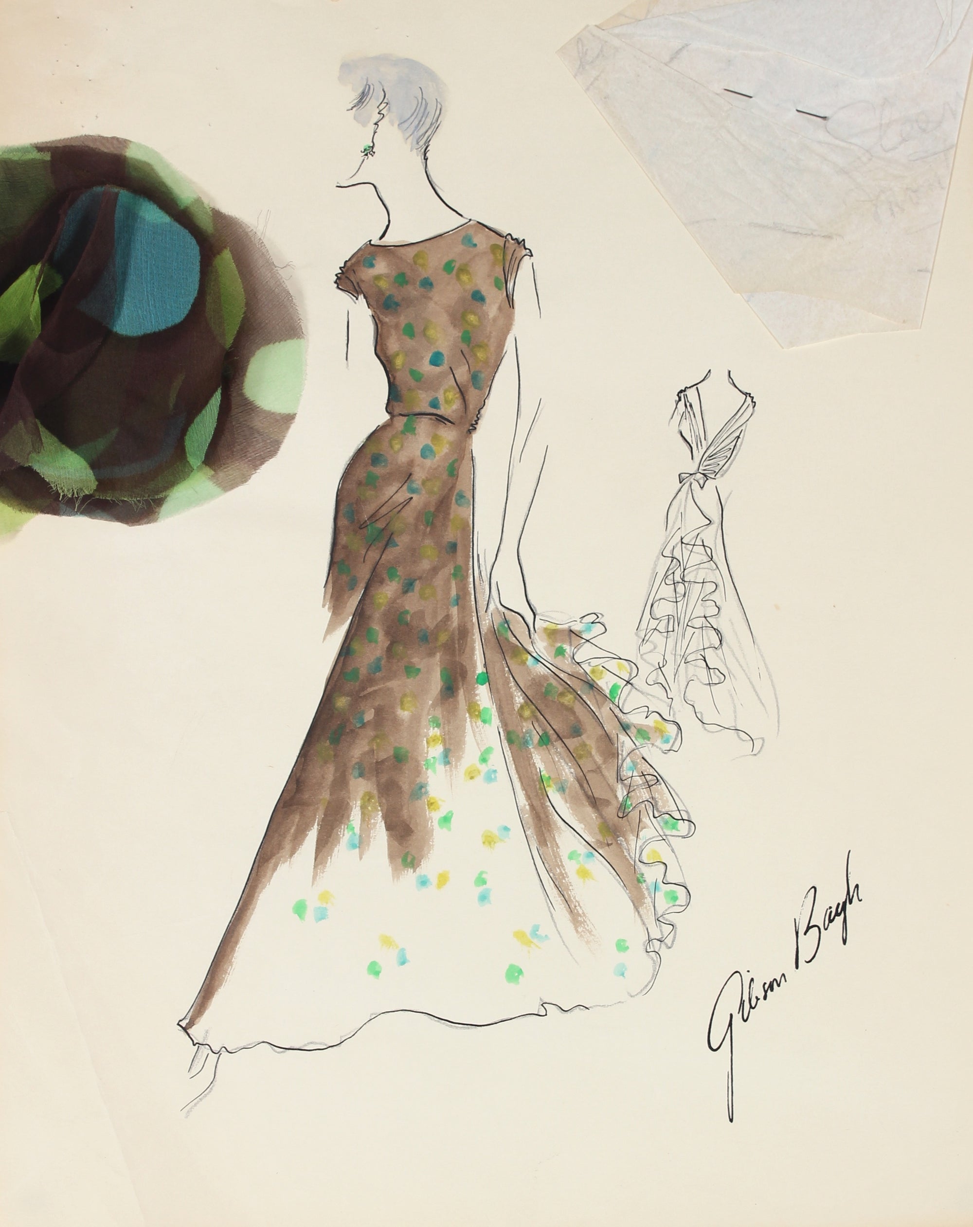 Vintage Long-Torso Dress in Brown<br> Gouache & Ink Fashion Illustration<br><br>#26173