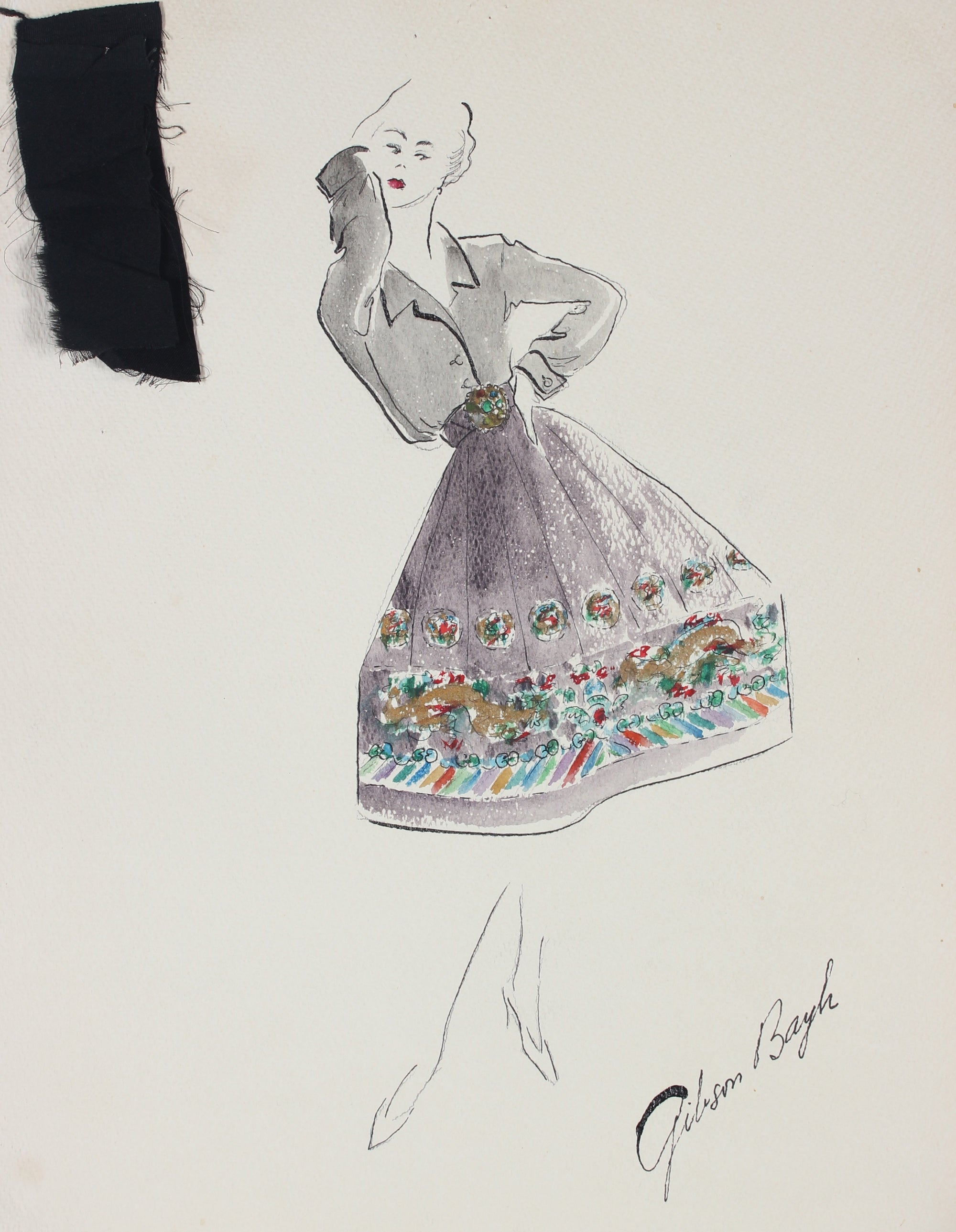 Patterned Bell Skirt in Purple<br> Gouache & Ink Fashion Illustration<br><br>#26180