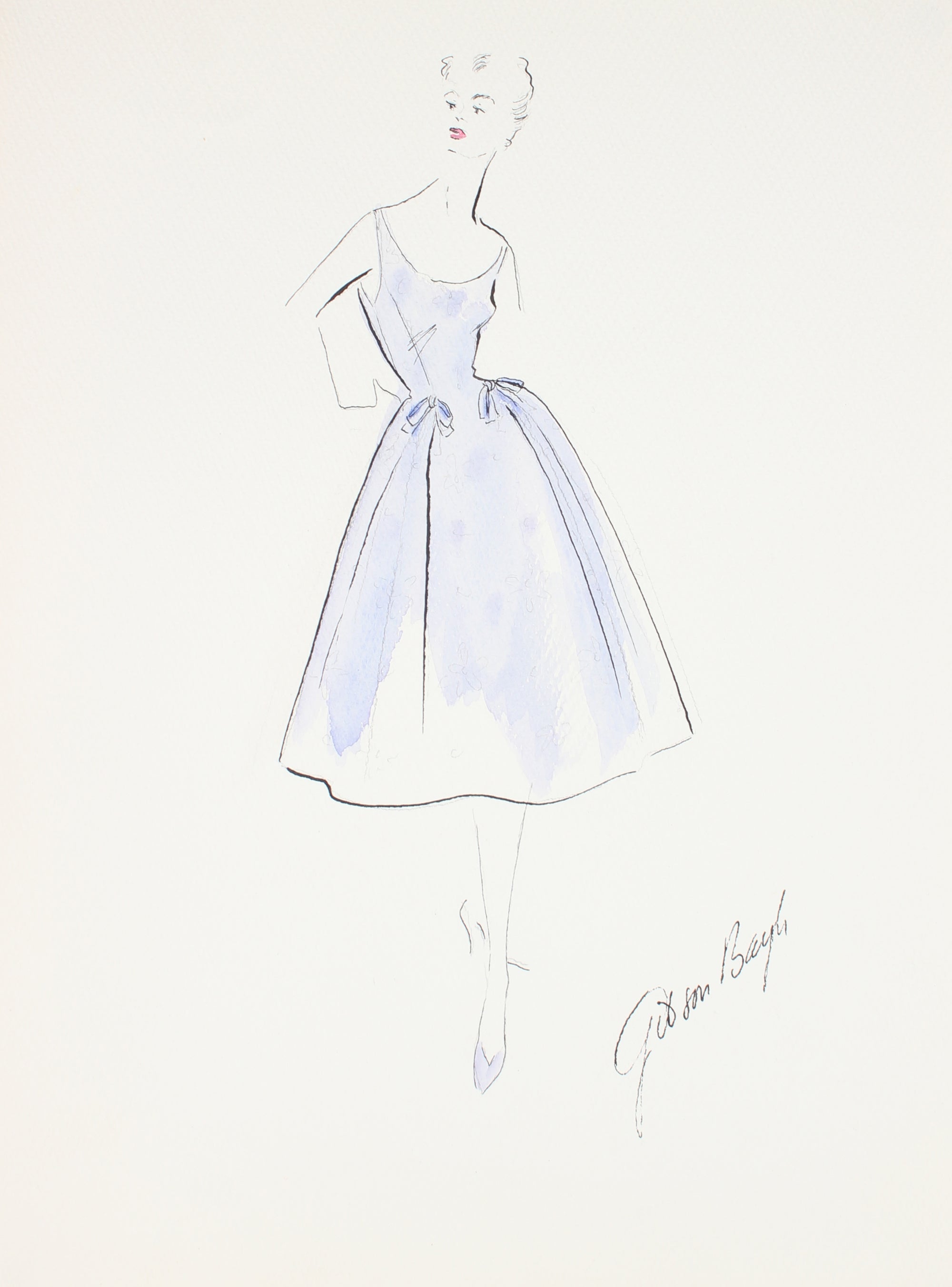 Paneled Bell-Shaped Dress in Lilac<br> Gouache & Ink Fashion Illustration<br><br>#26520