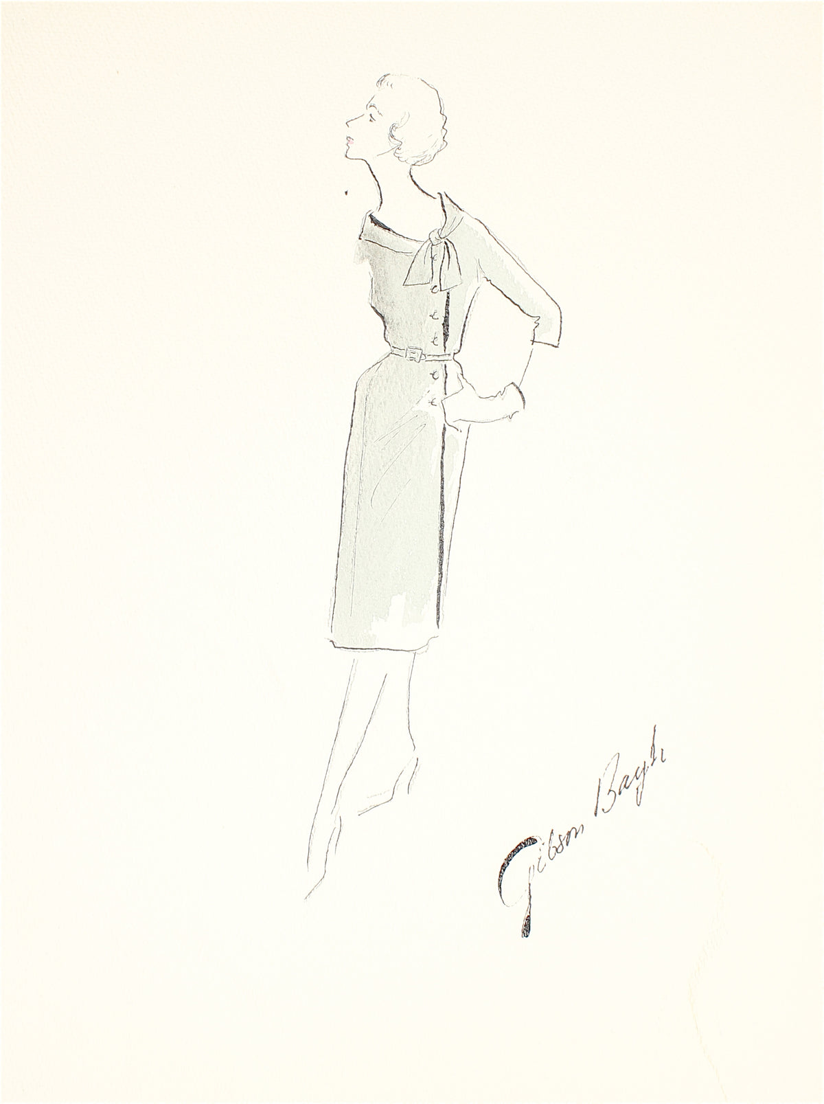 Woman in Dress with Ascot&lt;br&gt;1950s Fashion Illustration&lt;br&gt;&lt;br&gt;#26544