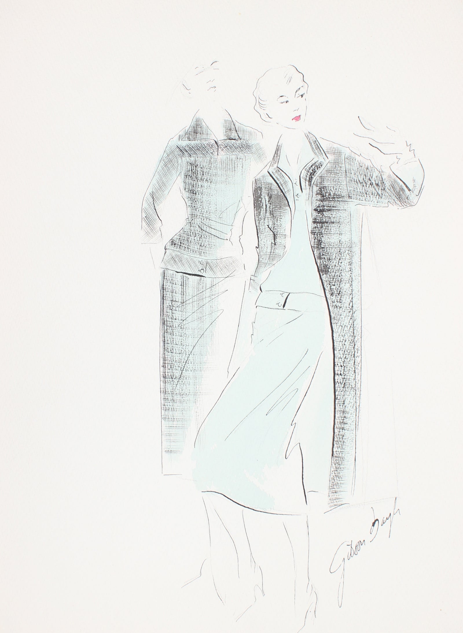 Black & Blue Overcoat<br> Gouache & Ink Fashion Illustration<br><br>#26577