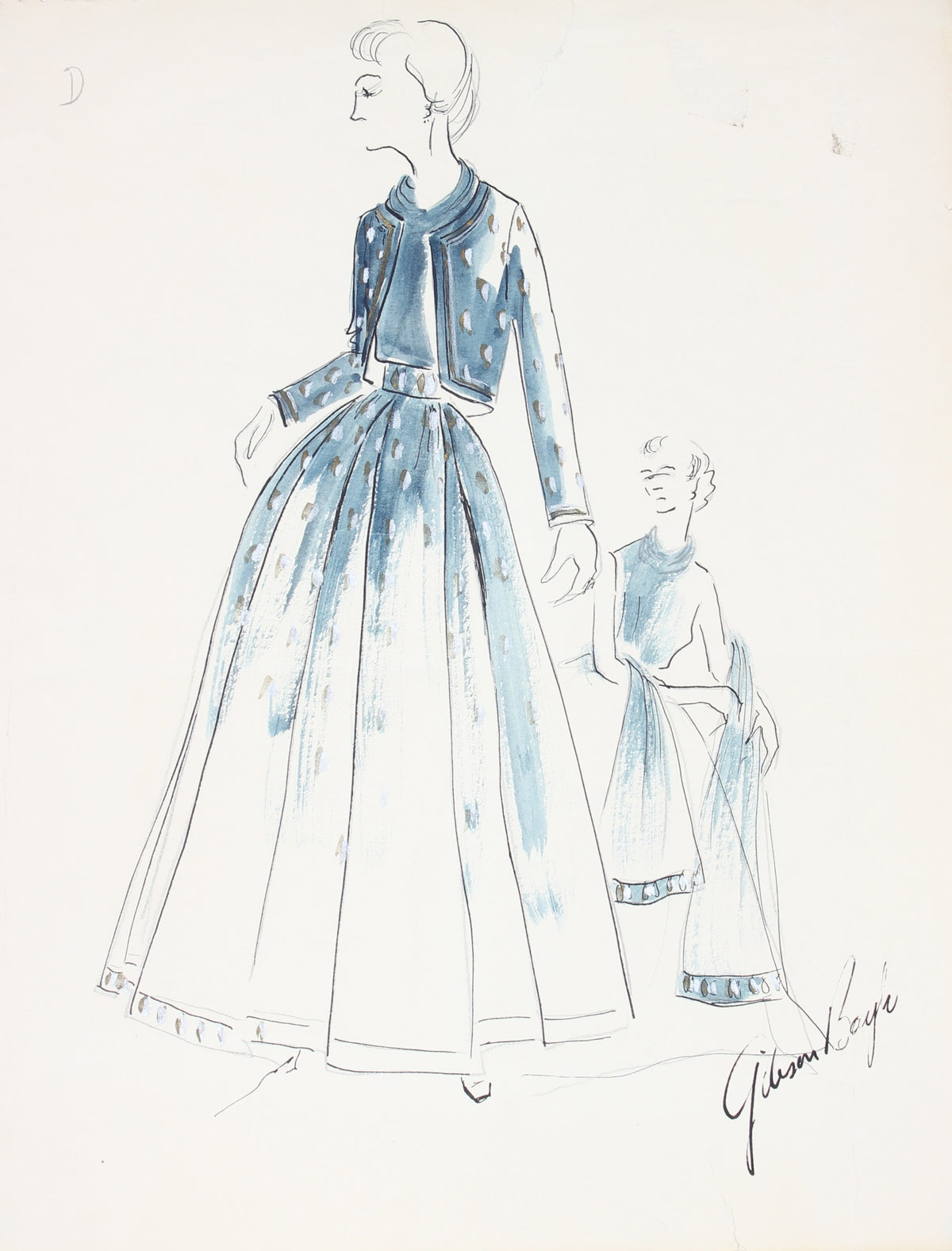 Belted Navy Blue Dress&lt;br&gt; Gouache &amp; Ink Fashion Illustration&lt;br&gt;&lt;br&gt;#26592