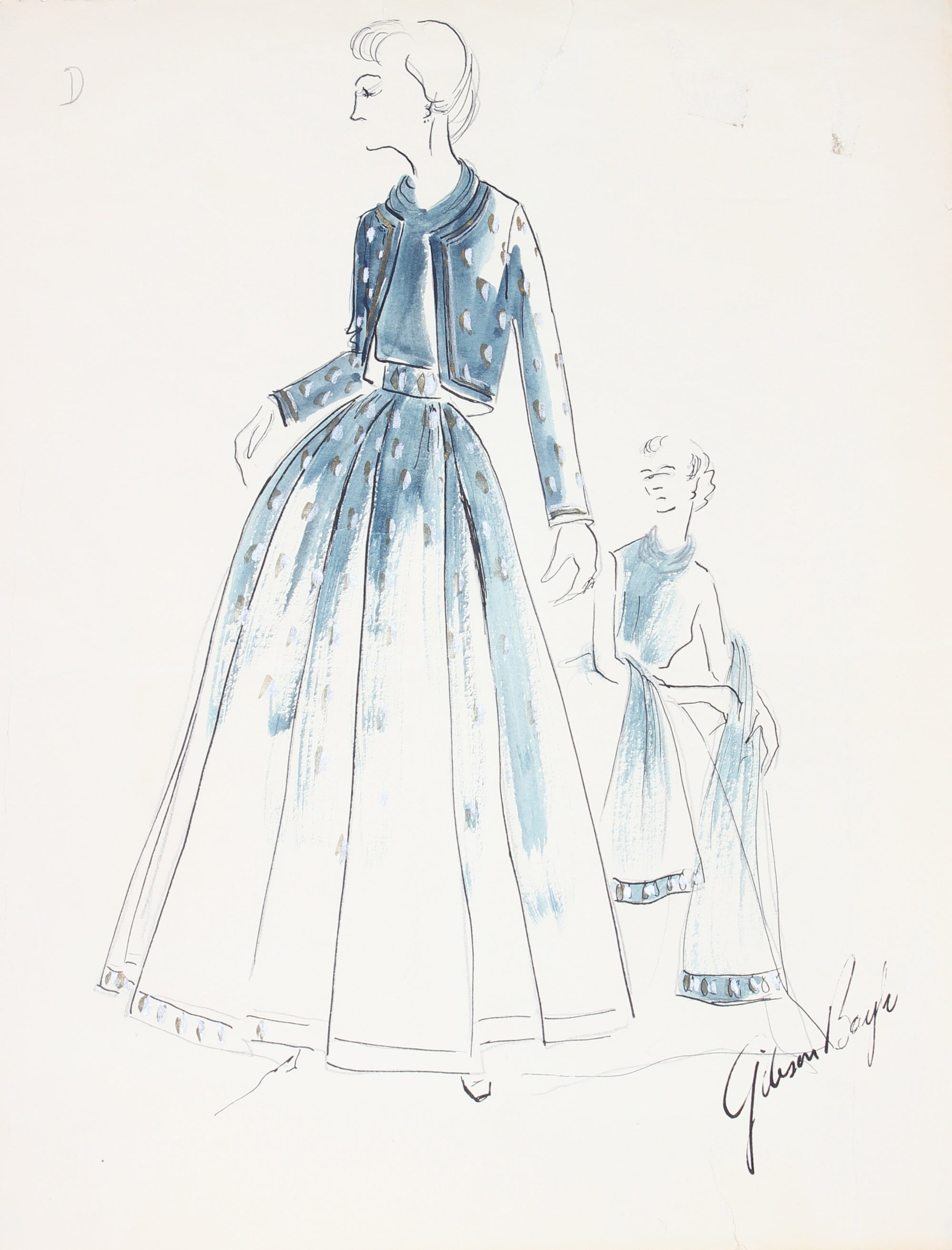 Belted Navy Blue Dress<br> Gouache & Ink Fashion Illustration<br><br>#26592