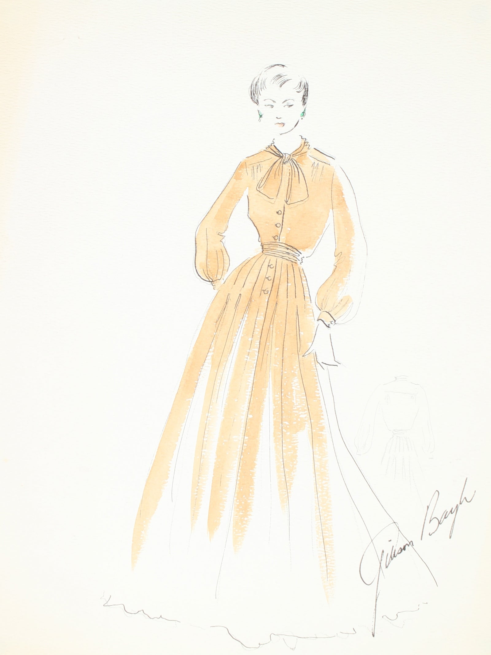 Yellow Pleated Dress with Cuffed Sleeves<br> Gouache & Ink Fashion Illustration<br><br>#26595