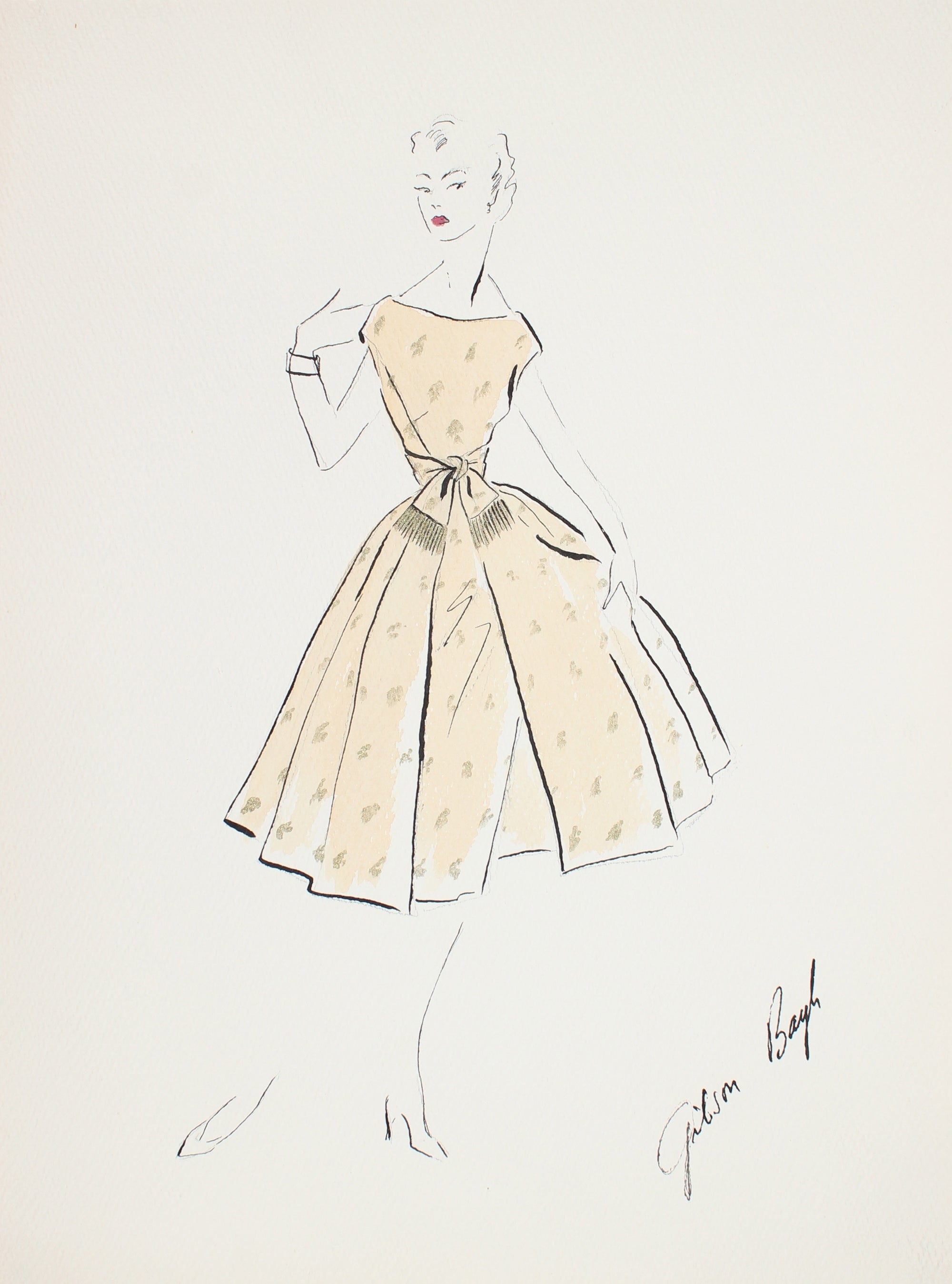 Yellow Teacup Dress<br> Gouache & Ink Fashion Illustration<br><br>#26946