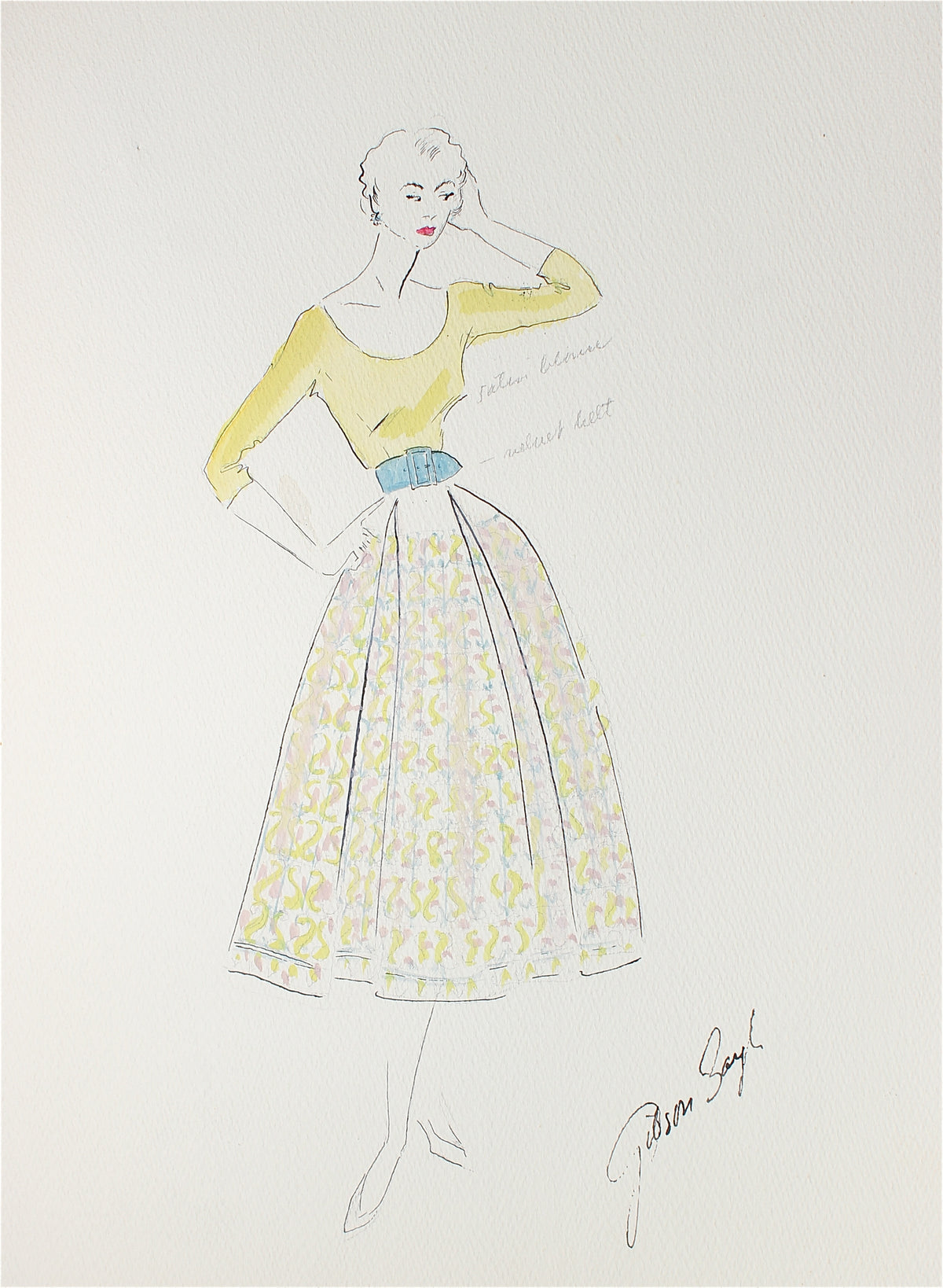 Vintage Full Circle Skirt&lt;br&gt; Gouache &amp; Ink Fashion Illustration&lt;br&gt;&lt;br&gt;#26954