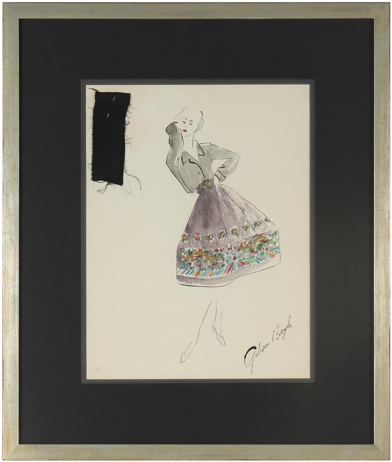 Patterned Bell Skirt in Purple&lt;br&gt; Gouache &amp; Ink Fashion Illustration&lt;br&gt;&lt;br&gt;#26180