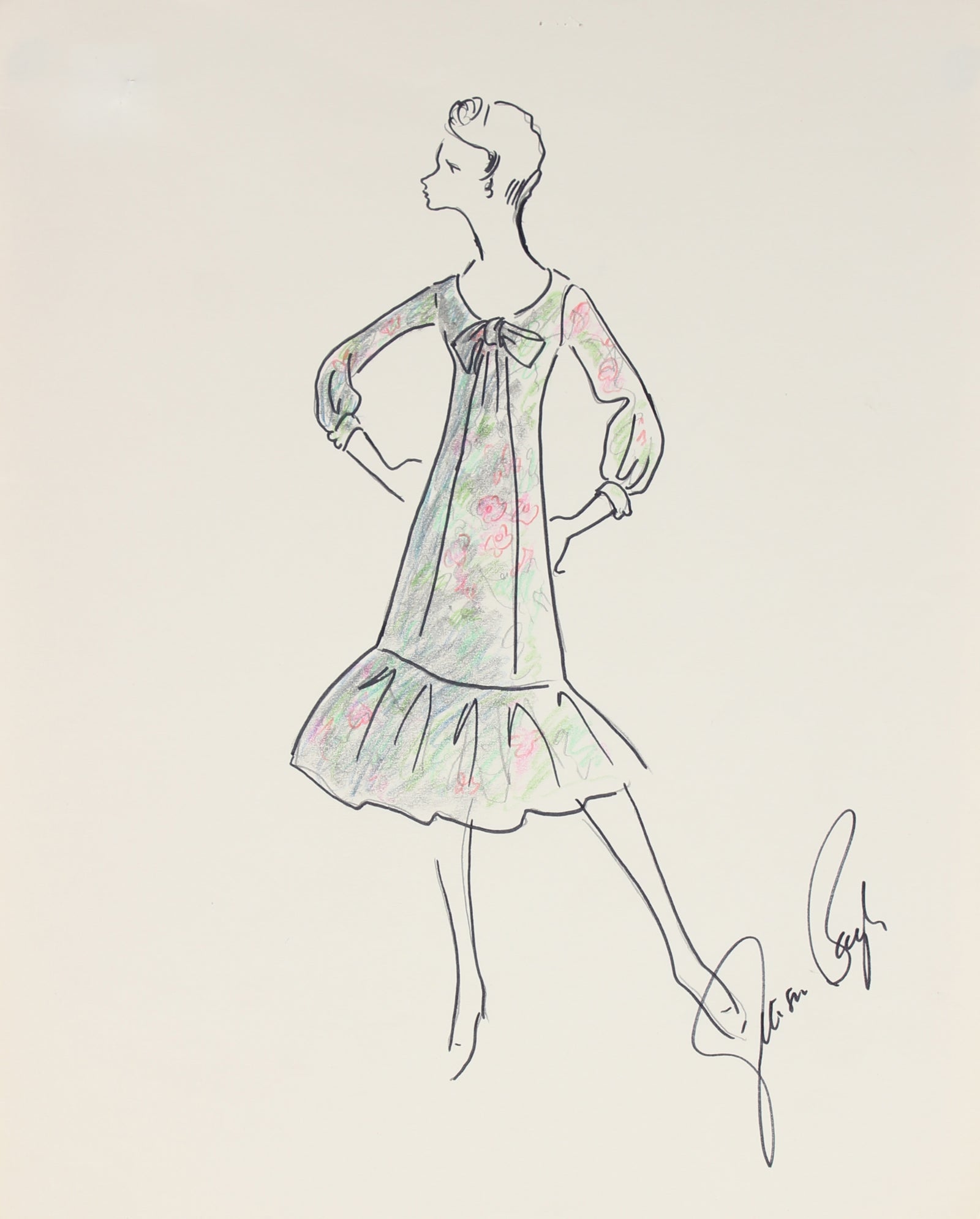 Flowy Dress with a Floral Pattern<br>1950s Fashion Illustration <br><br>#27252