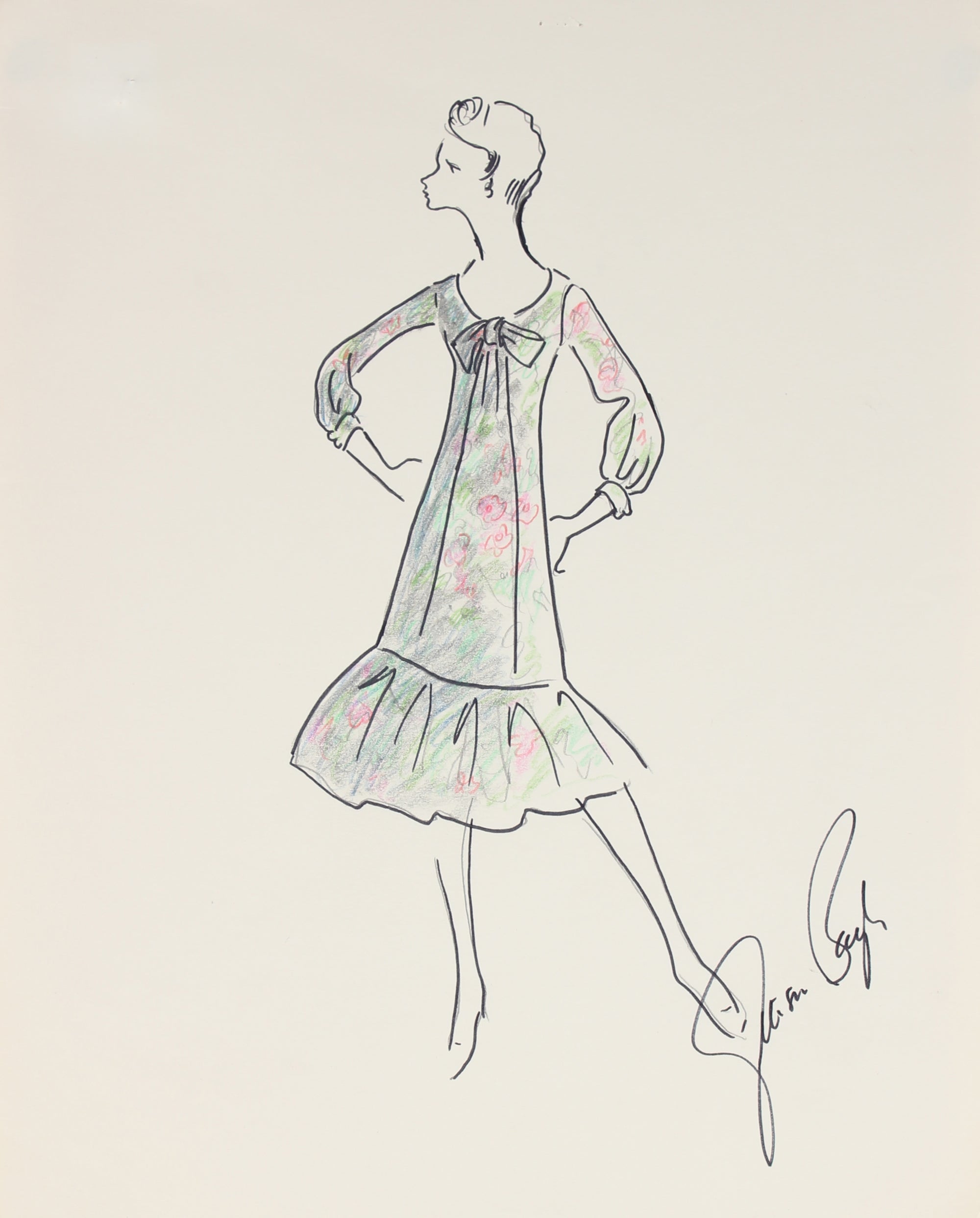 Flowy Dress with a Floral Pattern<br>1950s Fashion Illustration <br><br>#27252