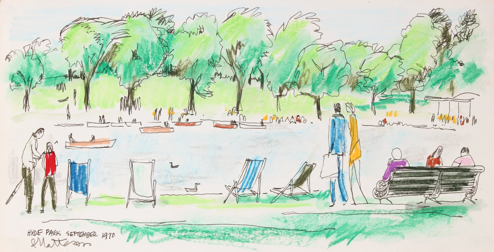 <i>Hyde Park</i> <br>1970 Pastel & Ink <br><br>#29553