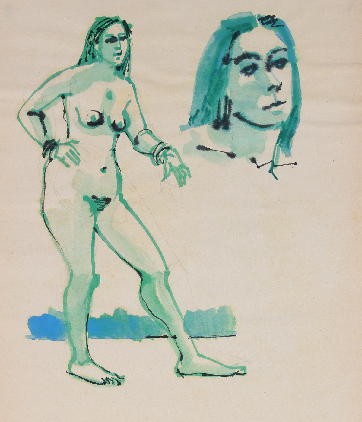 Monochromatic Green Figural Study &lt;br&gt;1965 Ink &amp; Watercolor &lt;br&gt;&lt;br&gt;#30153