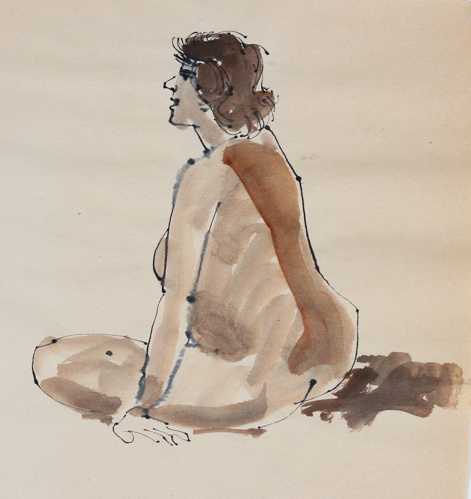 Warm Toned Seated Nude <br>1965 Ink & Watercolor<br><br>#30194