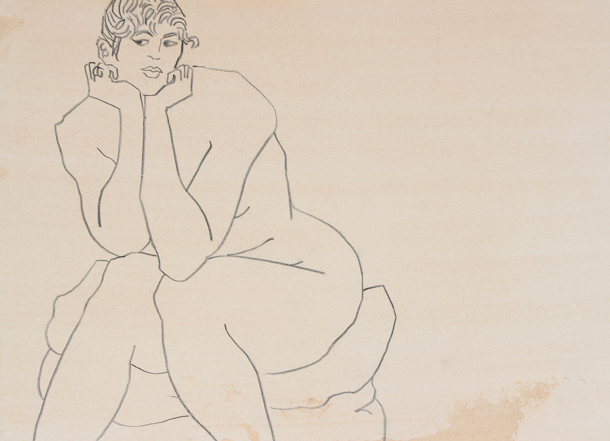 Minimalist Study Of A Female Nude <br>20th Century Charcoal & Wash <br><br>#30228