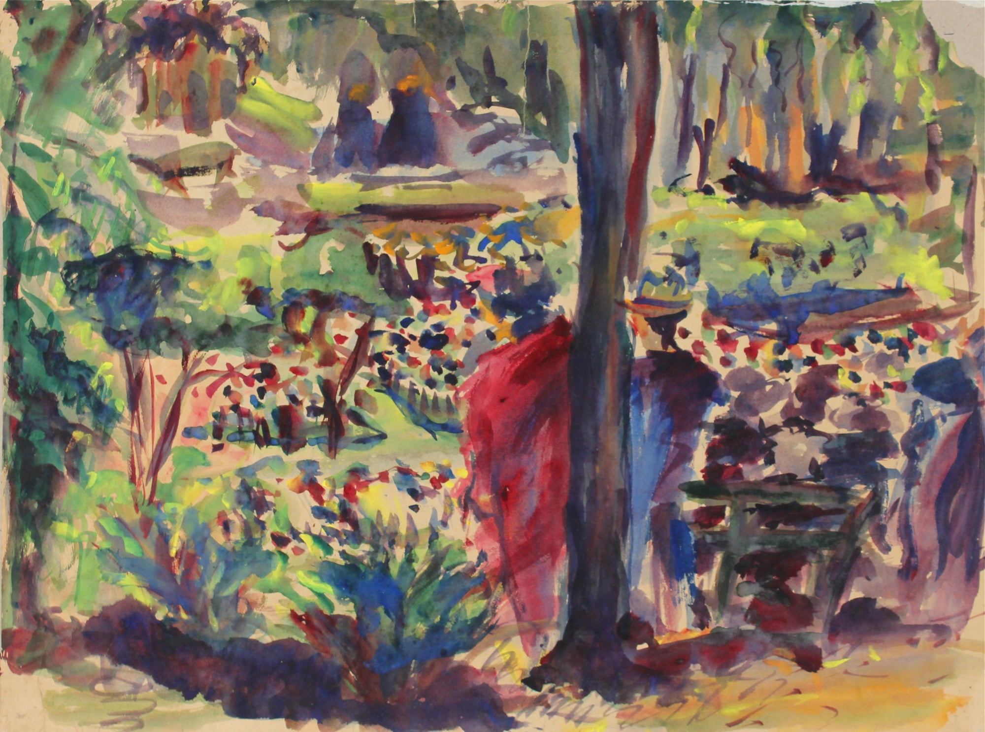 Abstracted Park Scene<br>1940s Watercolor<br><br>#31364