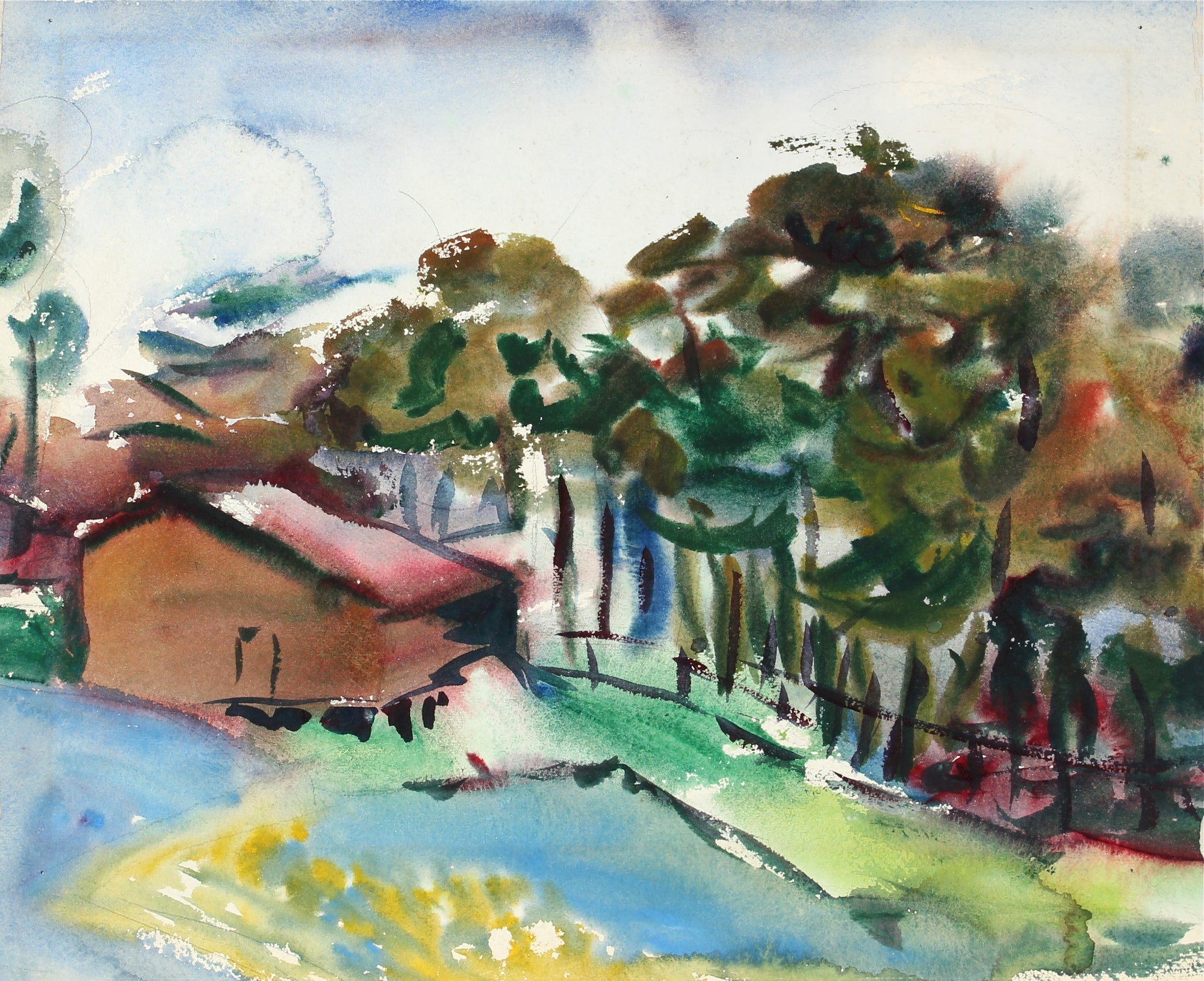 Farmhouse by the Trees<br>Mid Century Watercolor<br><br>#31365