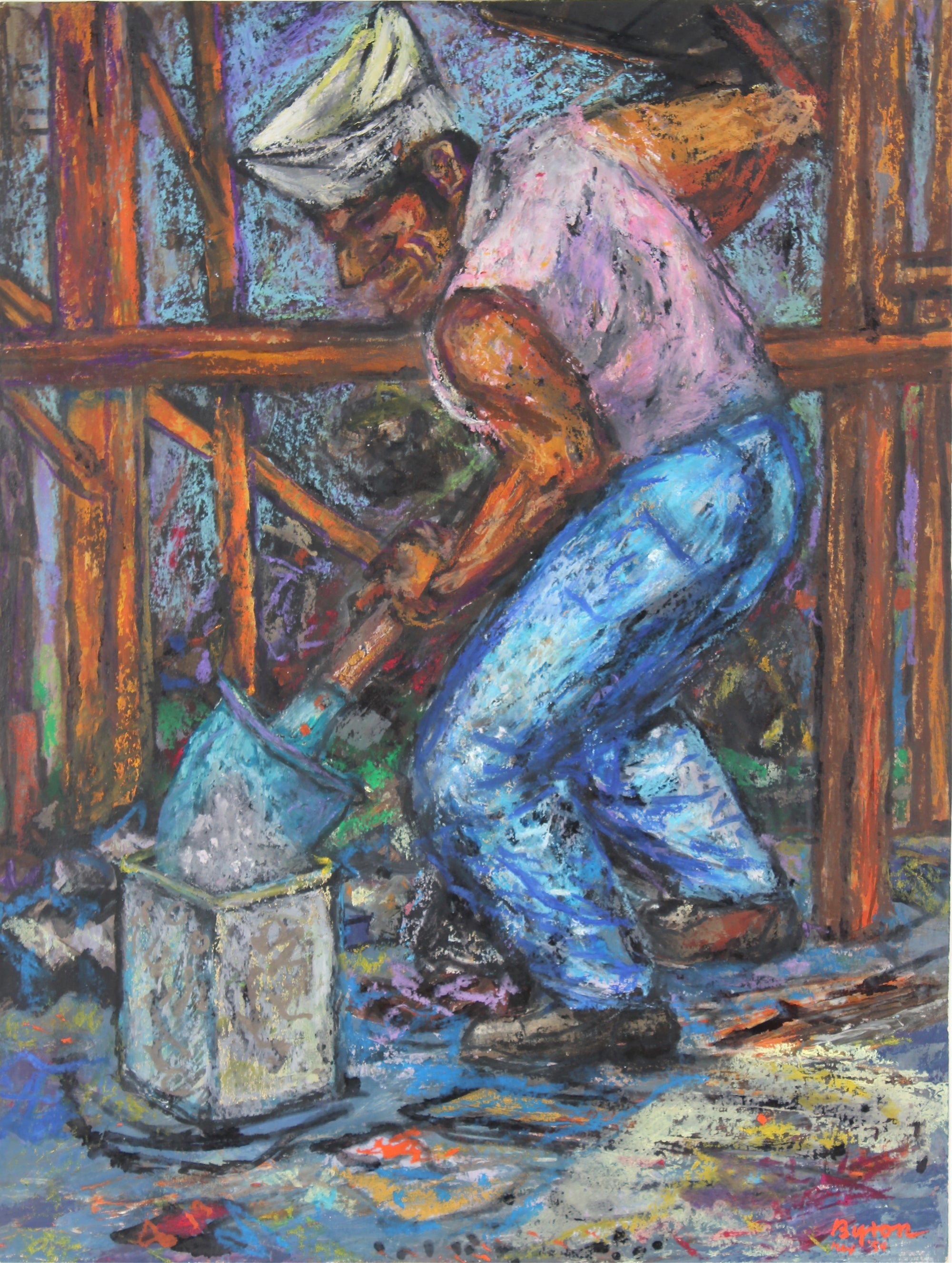 Expressive Mexican Worker <br>Gouache & Pastel, 1954 <br><br>#33157