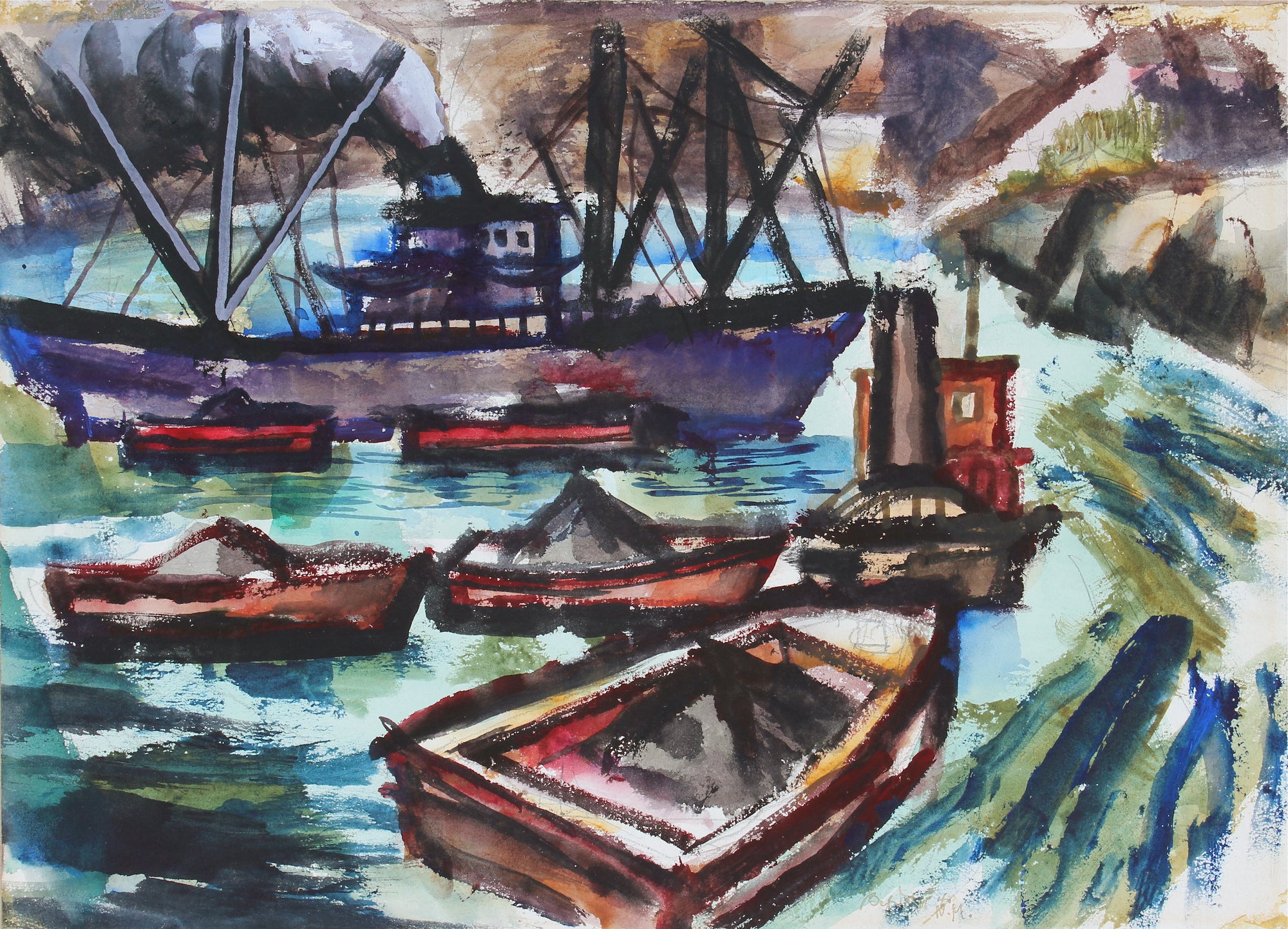 Boats at Harbor <br>1943 Watercolor <br><br>#33224