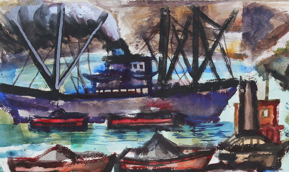 Boats at Harbor <br>1943 Watercolor <br><br>#33224