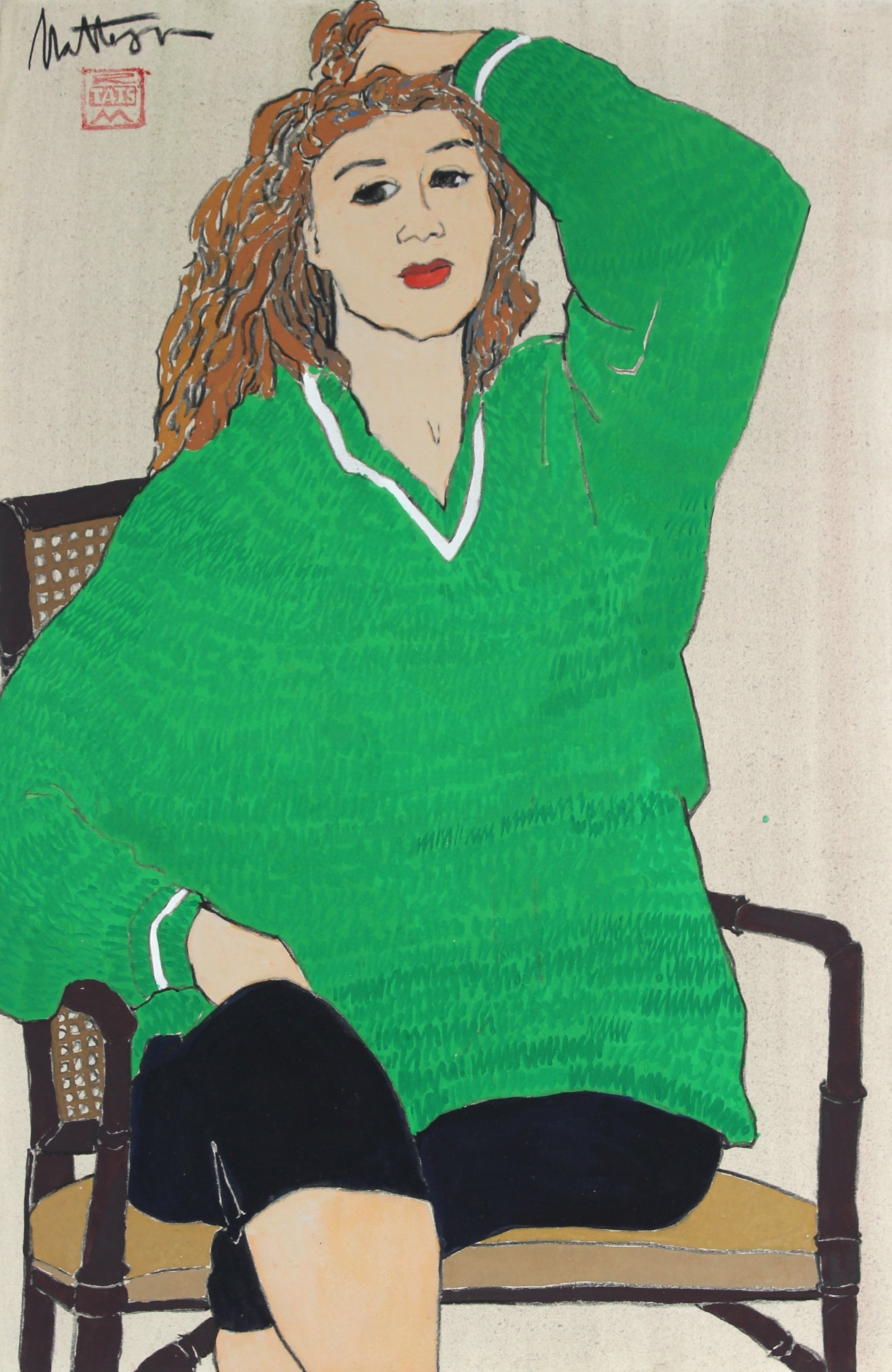 Modernist Seated Woman In Green <br>20th Century Charcoal, Gouache and Wash<br><br>#34810