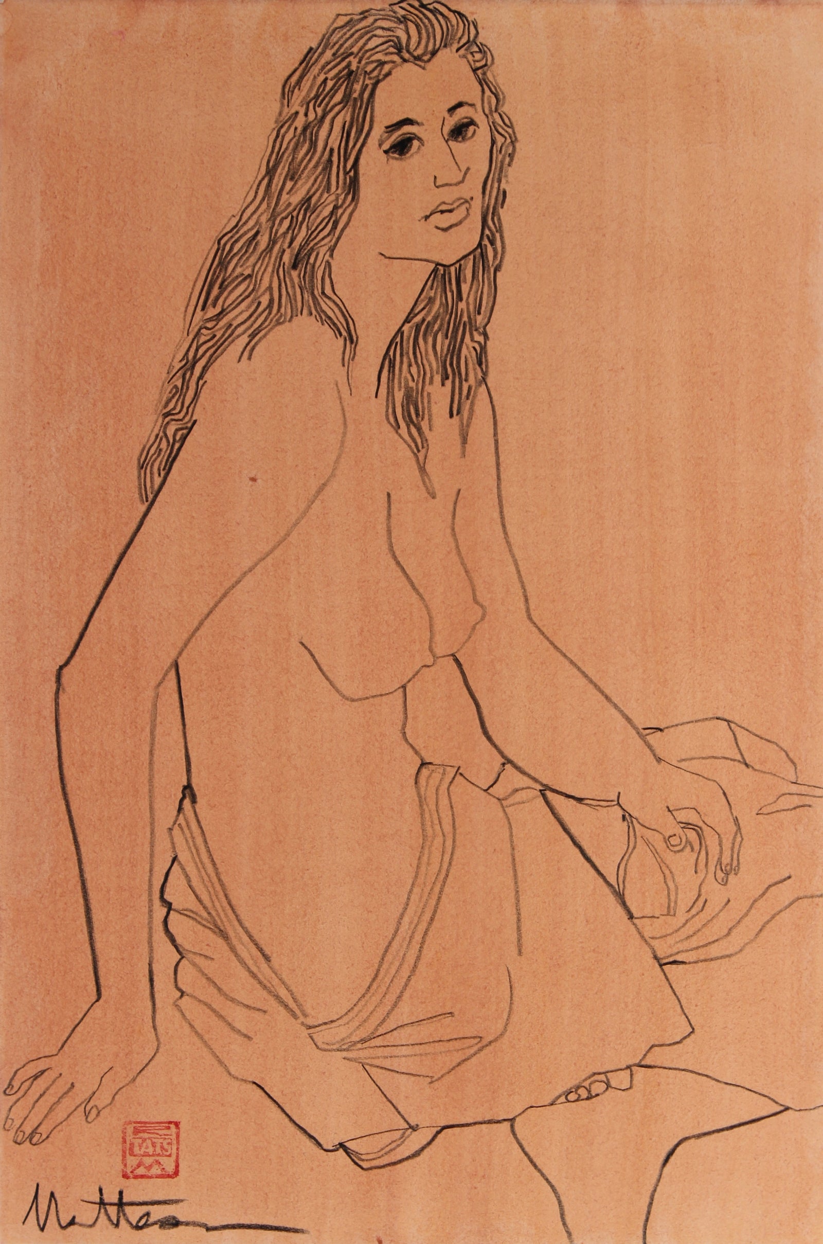 Modernist Elegant Seated Nude With Drapery <br>20th Century Charcoal and Wash<br><br>#34818