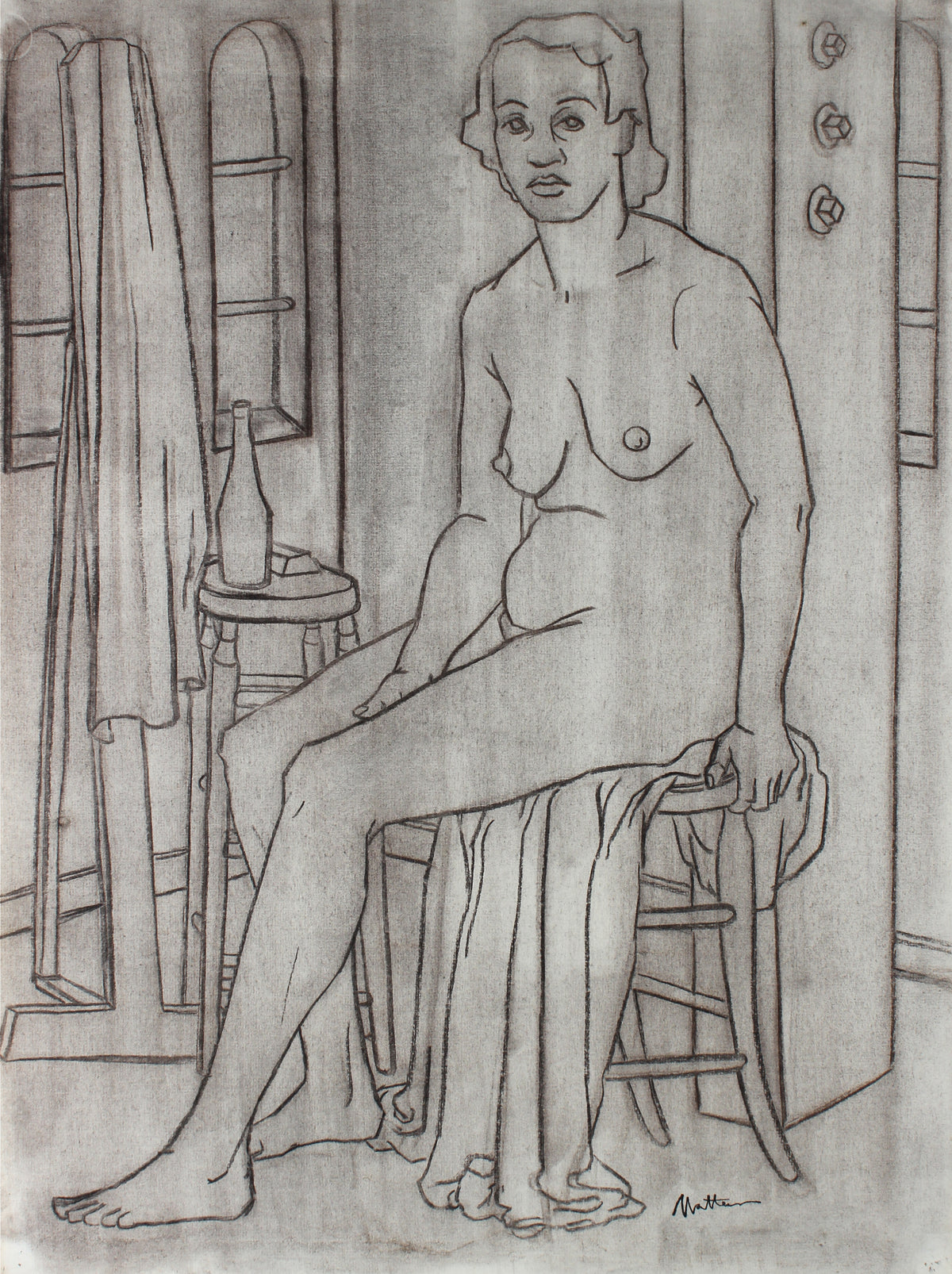 Minimalist Female Nude In Artist&#39;s Studio &lt;br&gt;Circa 1945 Charcoal &lt;br&gt;&lt;br&gt;#35099