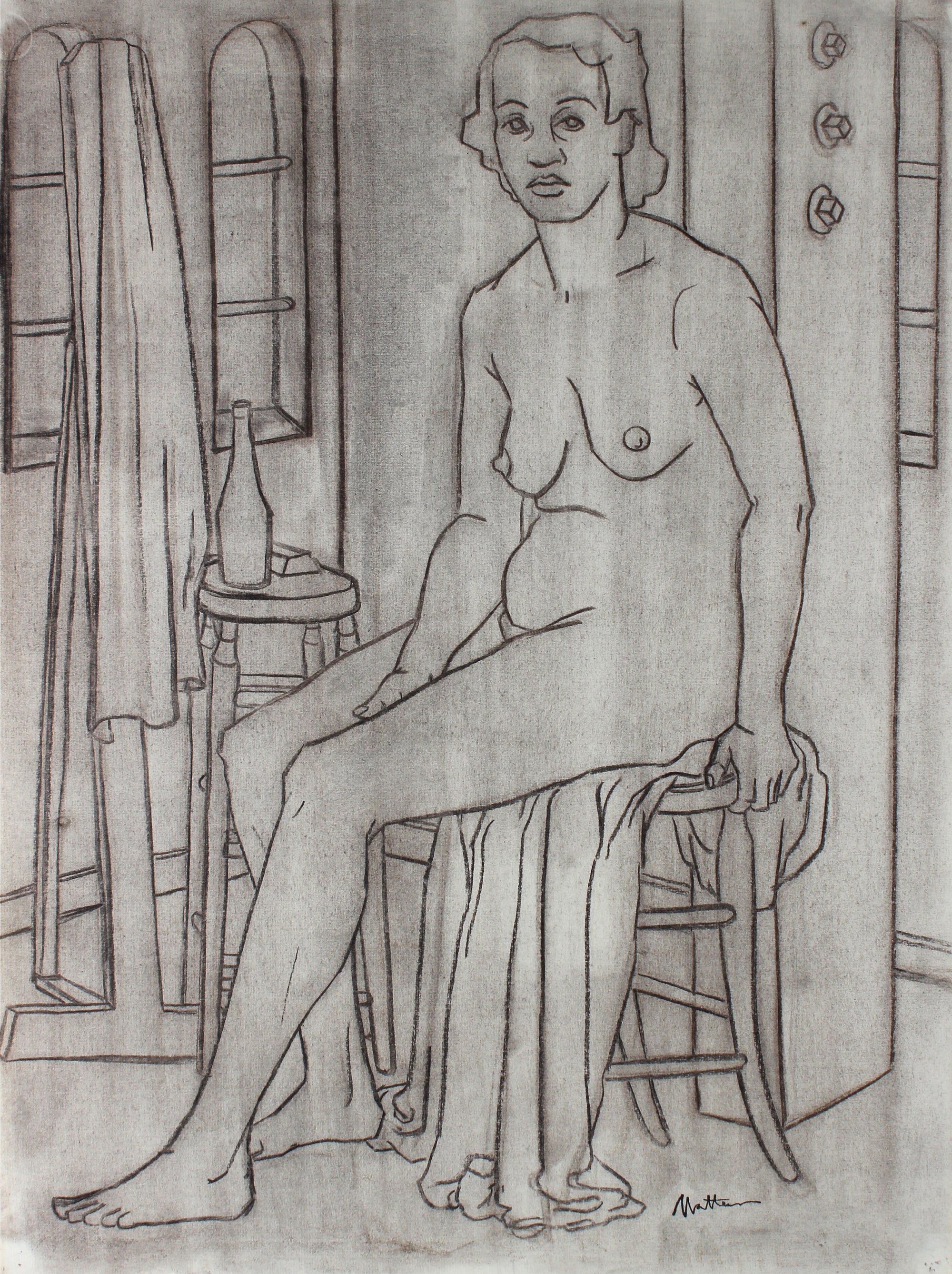 Minimalist Female Nude In Artist's Studio <br>Circa 1945 Charcoal <br><br>#35099