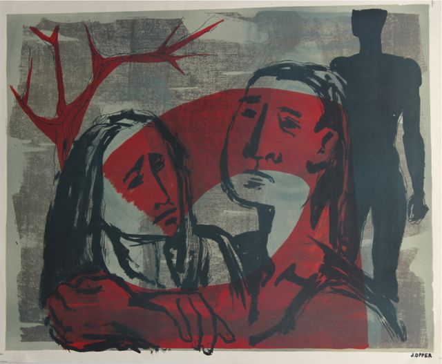 Dark Portrait of a Couple <br>1940-50s Stone Lithograph <br><br>#38872