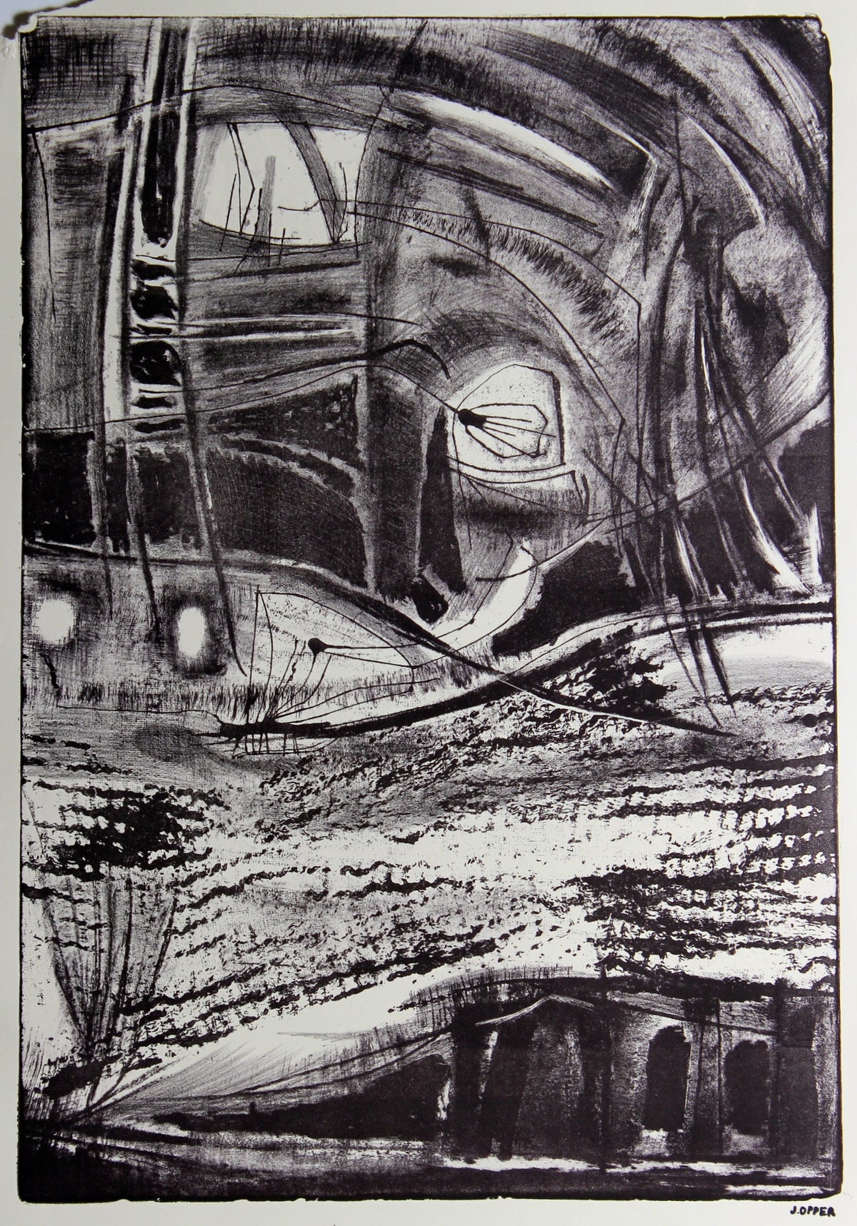 Monochrome Abstracted City Scene &lt;br&gt;1940-50s Lithograph &lt;br&gt;&lt;br&gt;#38910