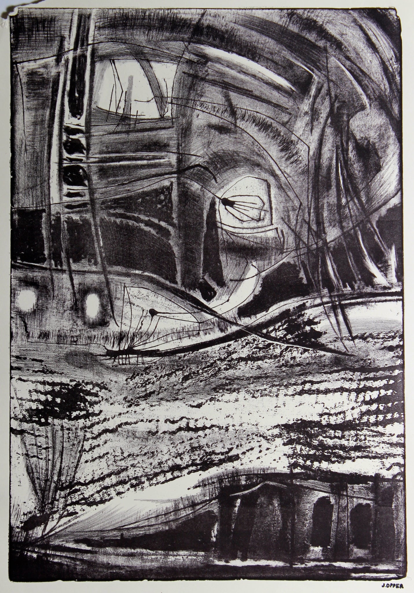 Monochrome Abstracted City Scene <br>1940-50s Lithograph <br><br>#38910